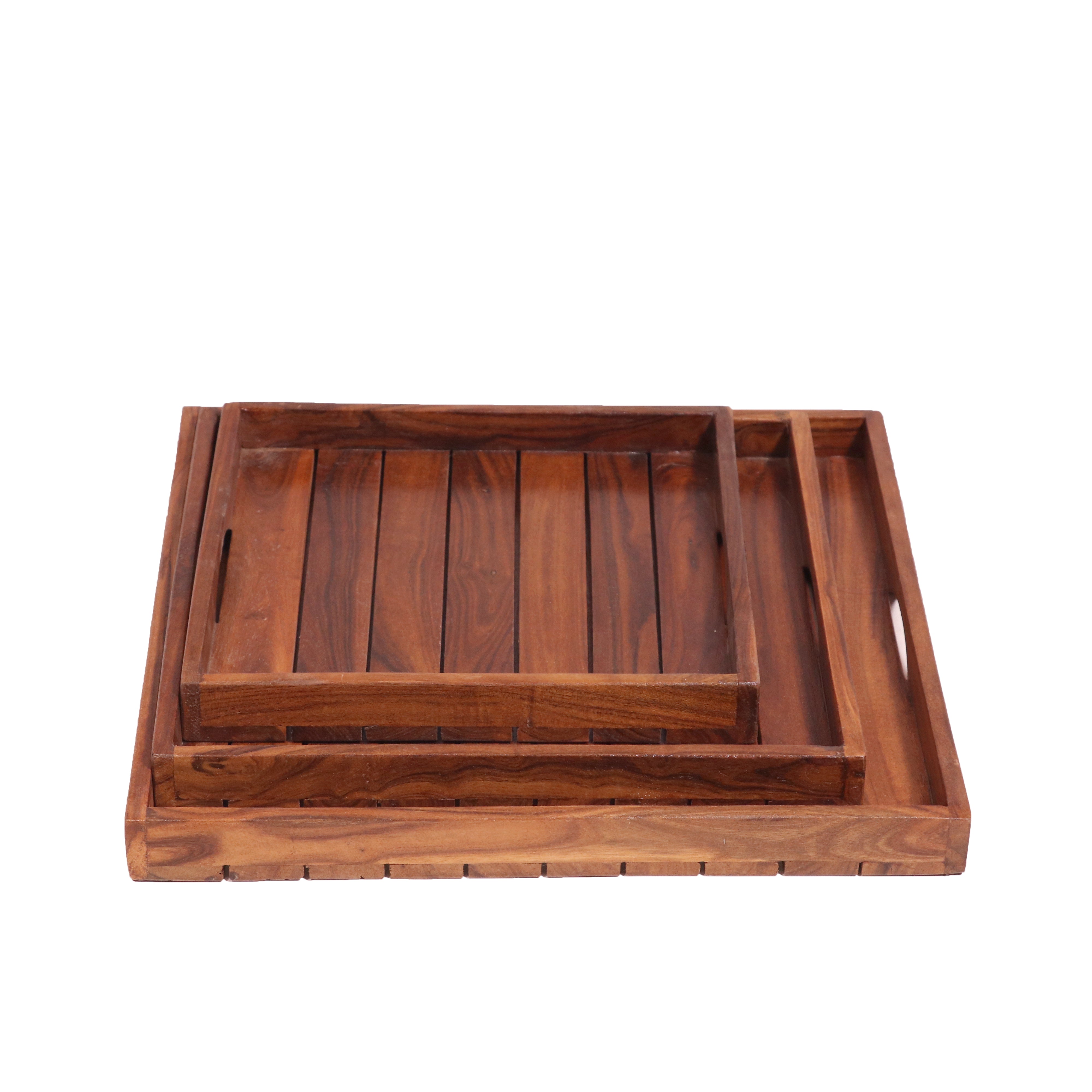 Classic Simple Strip Designed Handmade Wooden Tray - Set of 3 Tray
