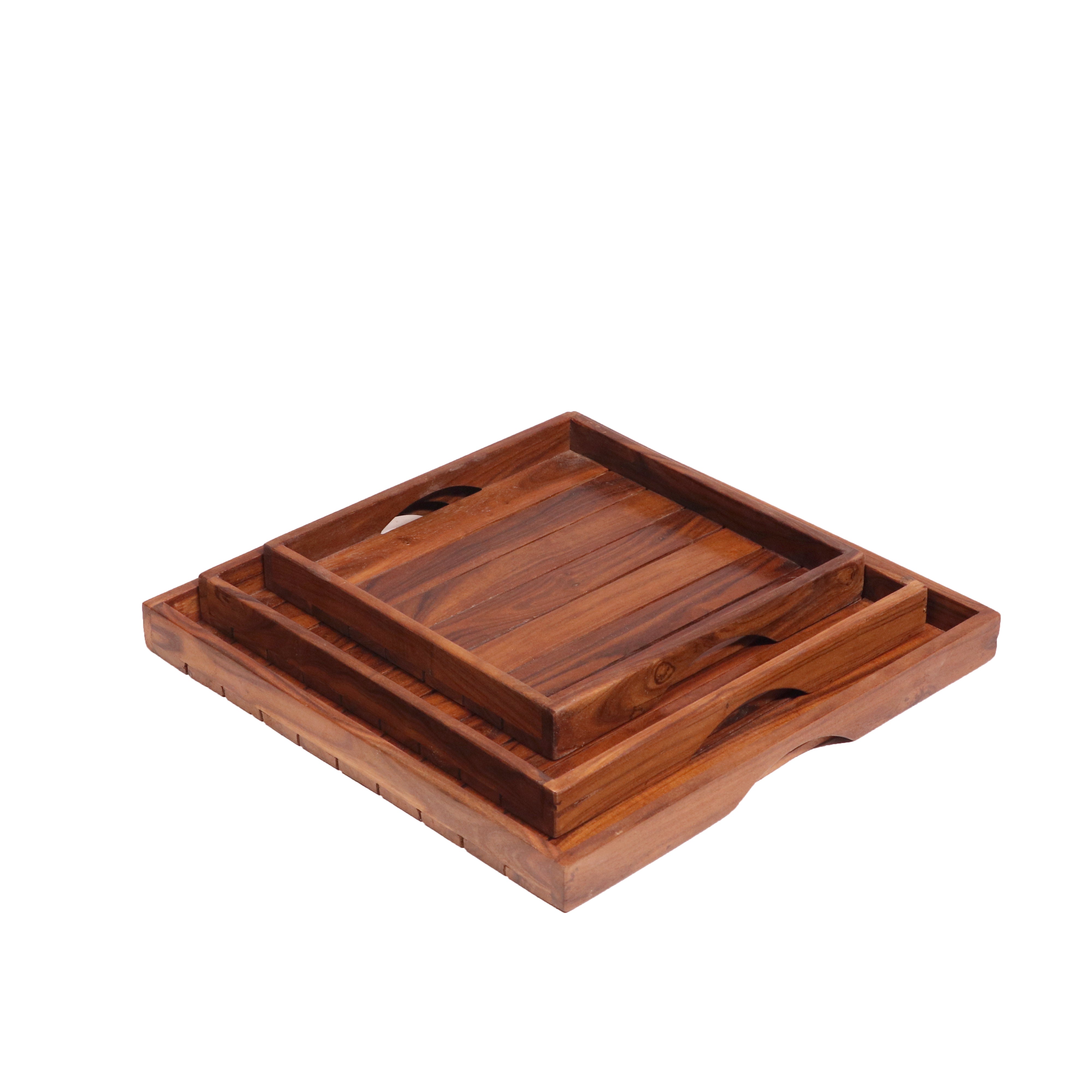 Classic Simple Strip Designed Handmade Wooden Tray - Set of 3 Tray