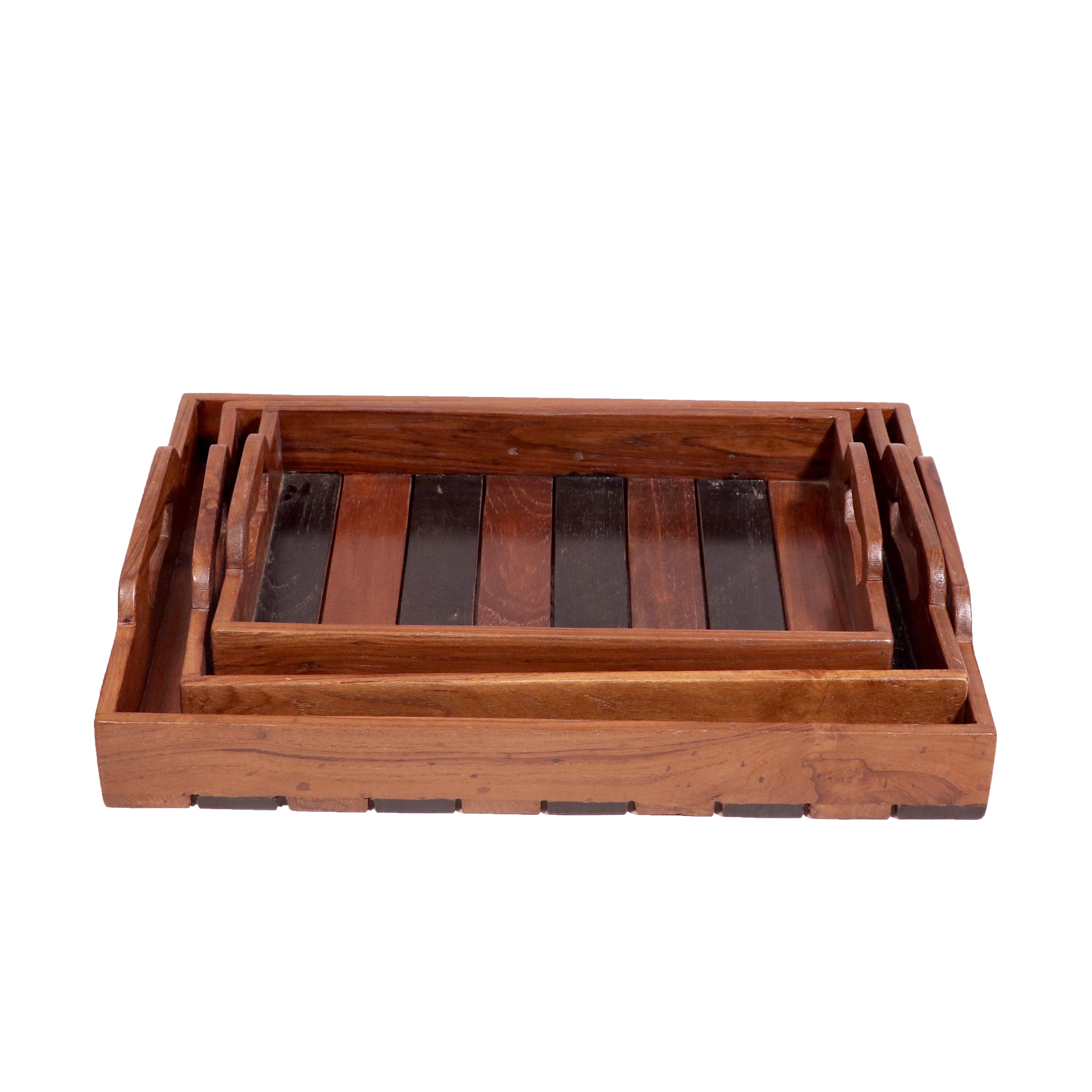 Stripped Sober Styled Handmade Wooden Tray - Set of 3 Tray
