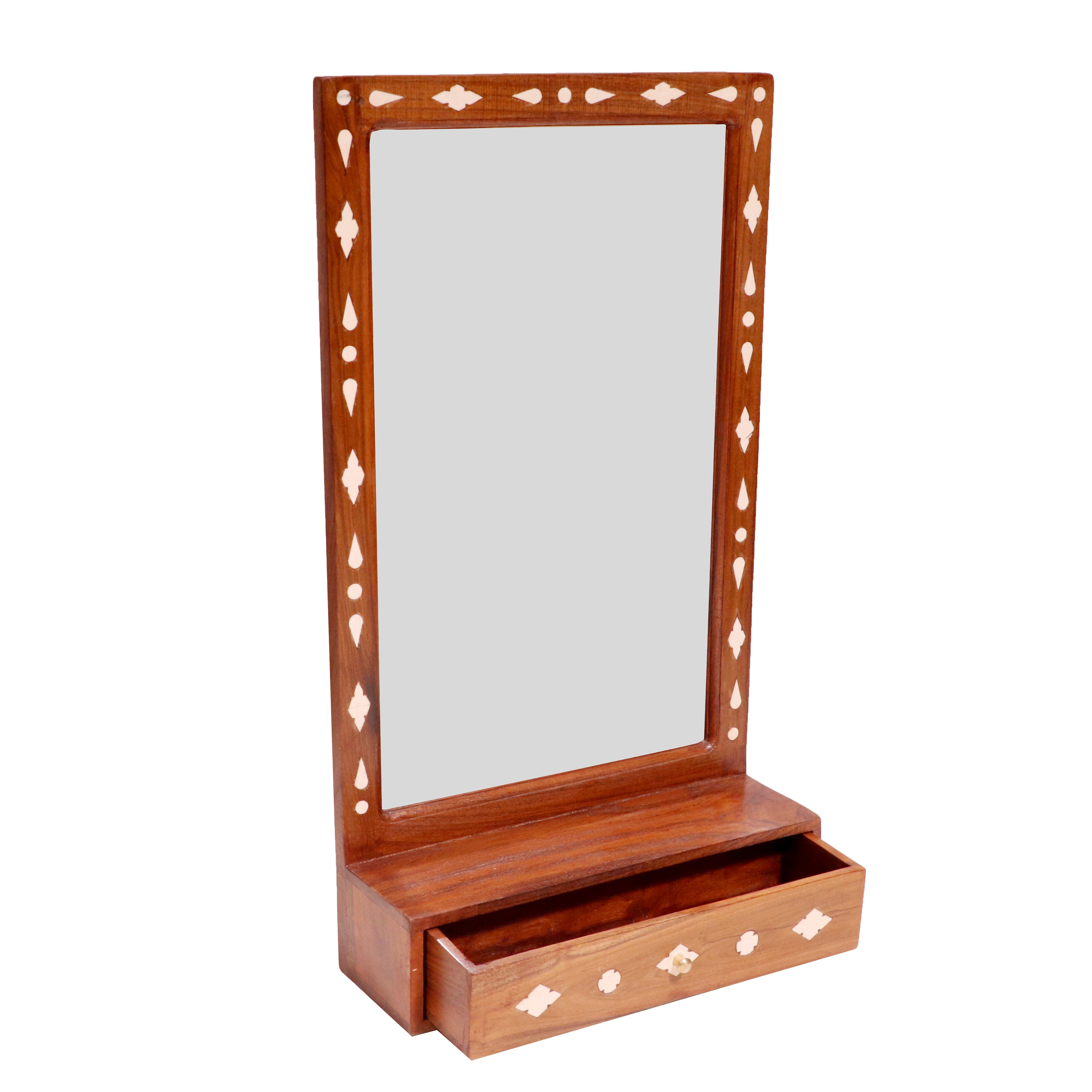Natural Rustic Inlay Border Designed Wooden Handmade Mirror with Single Drawer Mirror