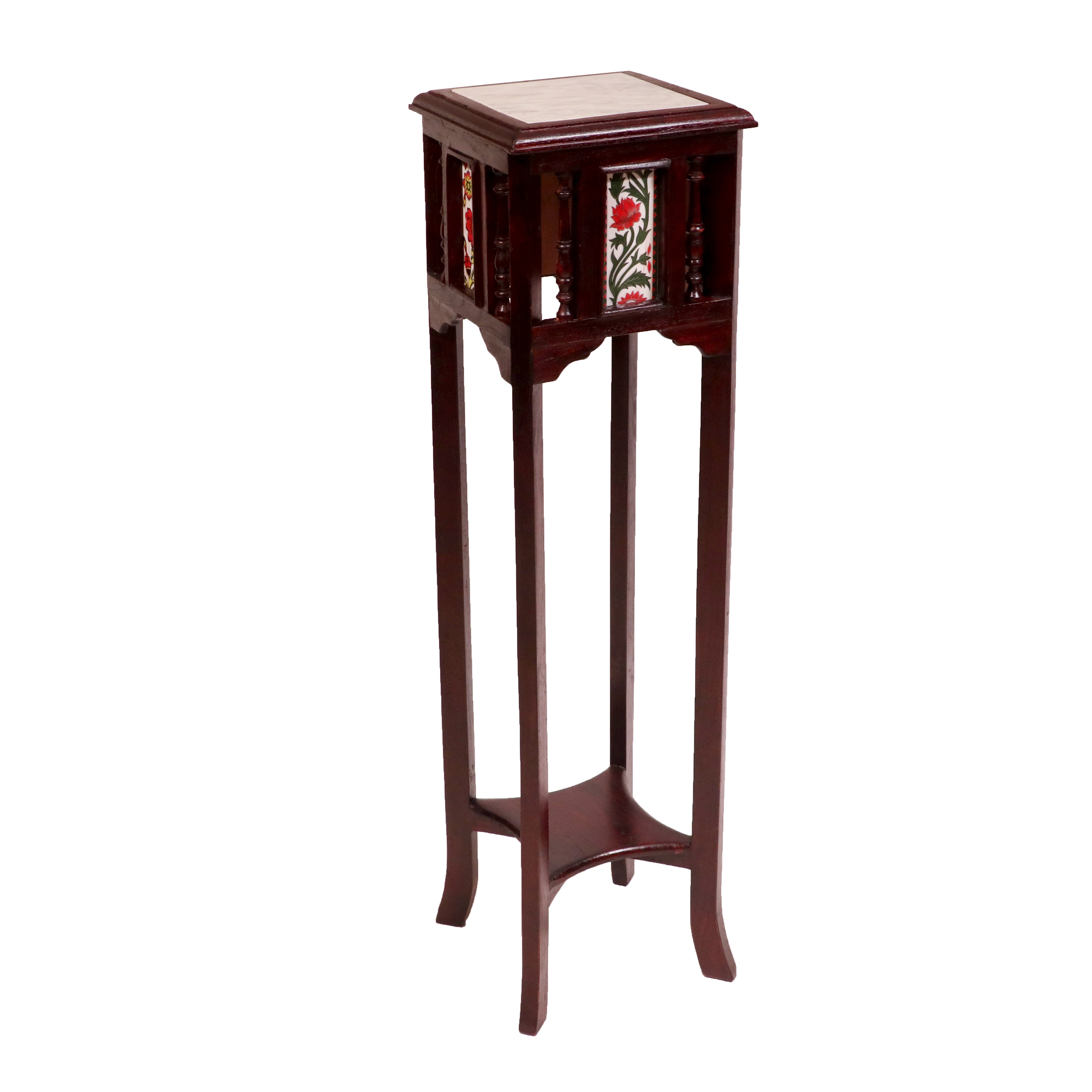 Teak ceramic tile end table with marble top 11 x 11 x 42 Inch Acacia wood End Table