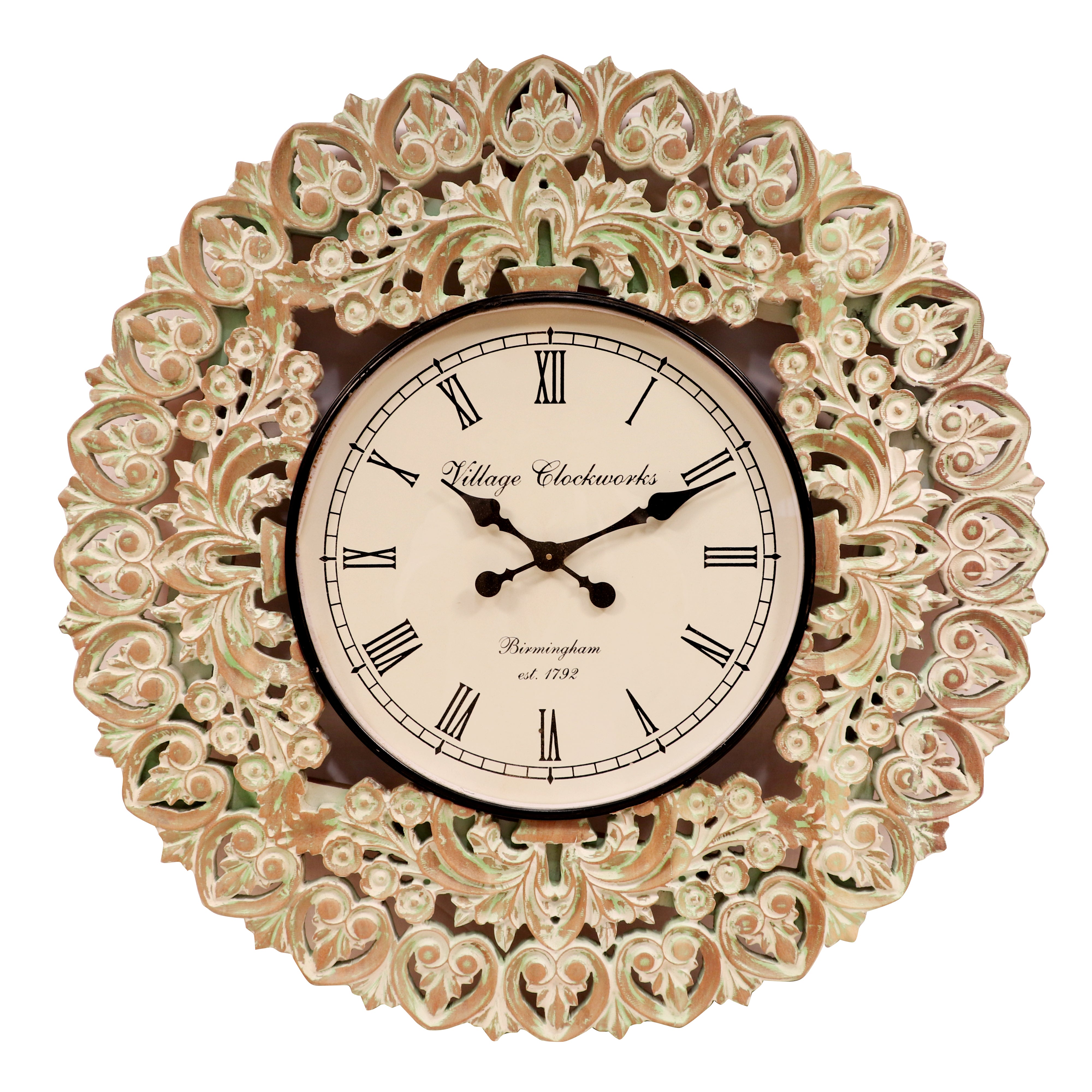 Carved Flower Pattern Distressed Wooden Wall Clock Clock