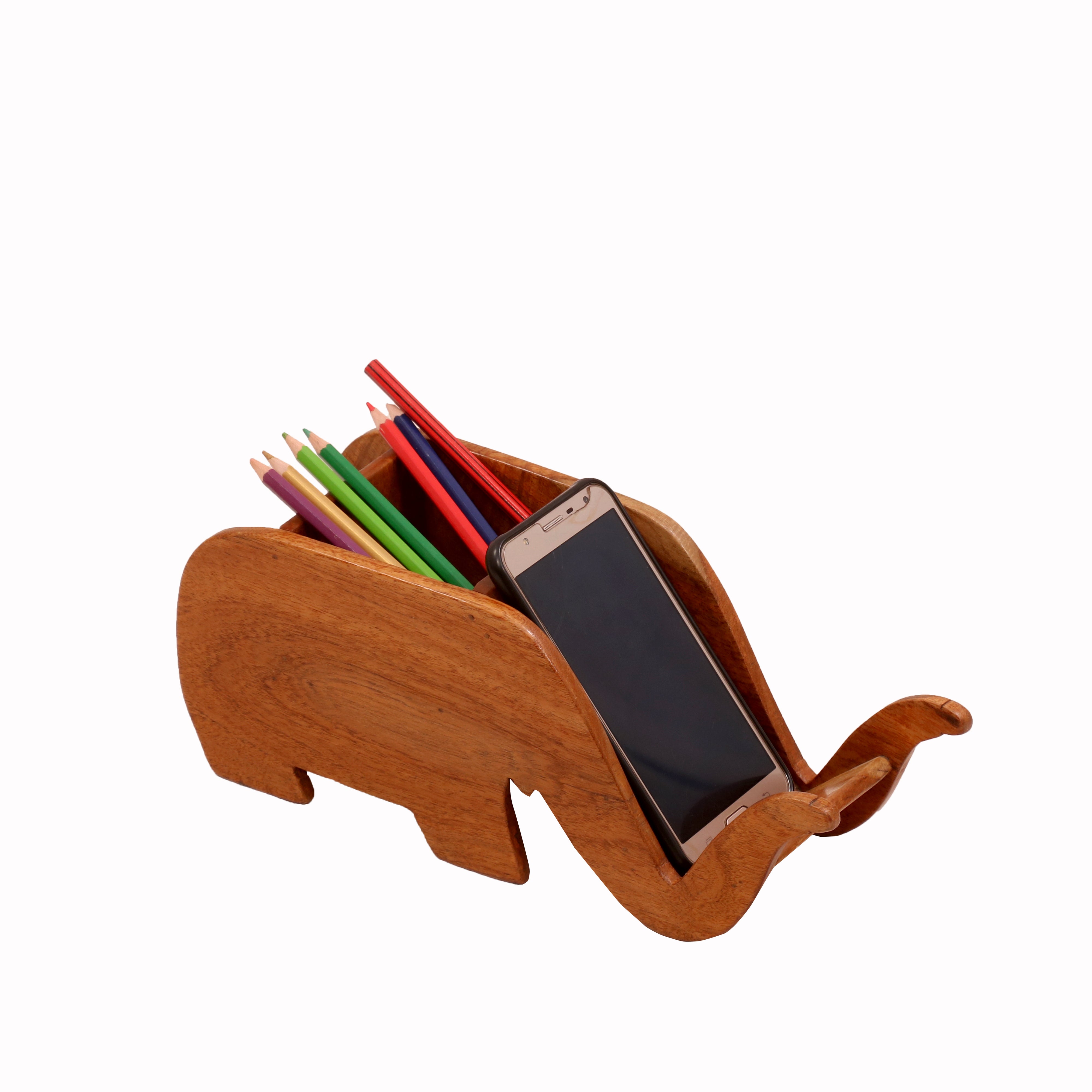 Elephant Pen Holder with Mobile Stand (Natural Tone) Desk Organizer