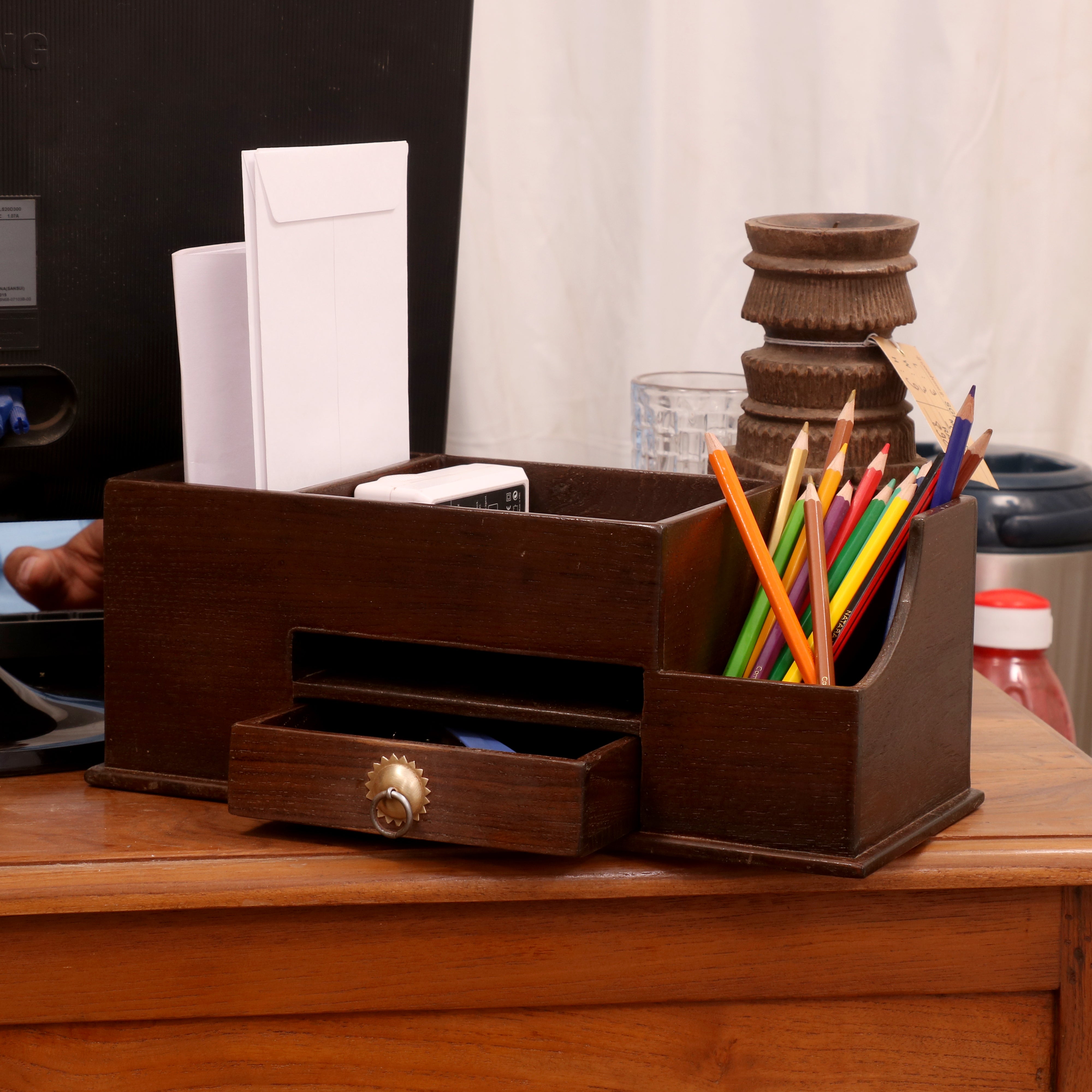 Small Sleek Holder and Drawer Set Desk Organizer