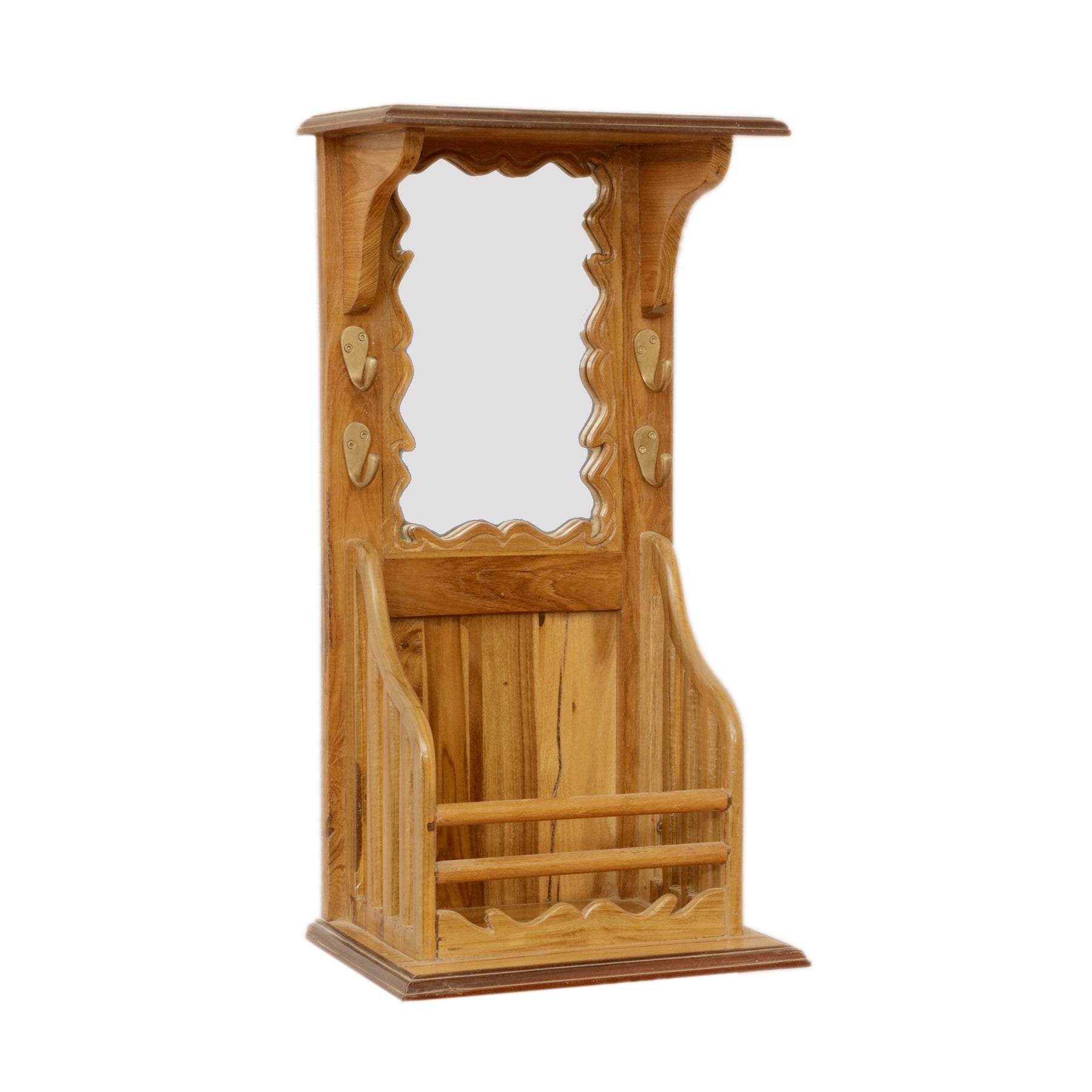 Wooden Hanging Cabinet with Hooks and Mirror Paper Holder