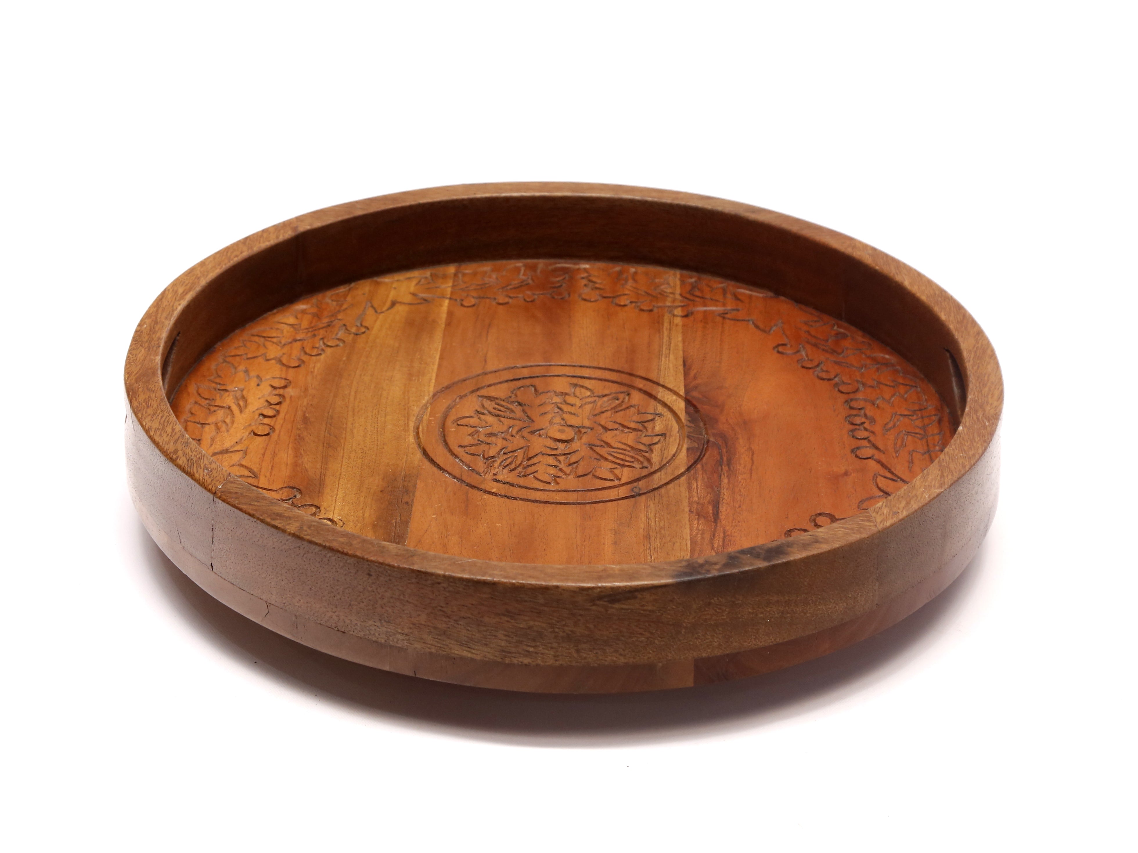 Compact Round Stenciled Wooden Tray Tray
