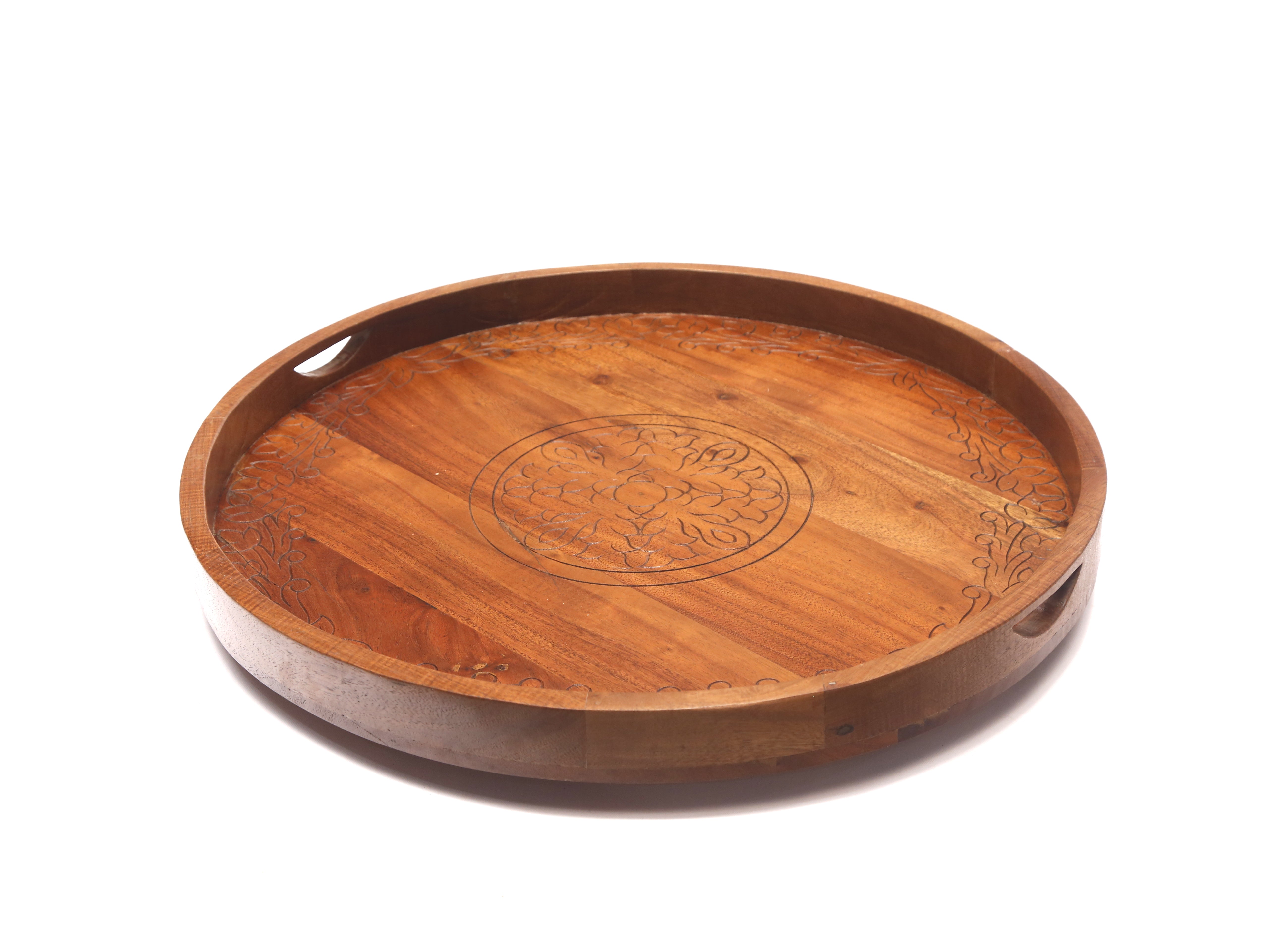 Compact Round Stenciled Wooden Tray Tray