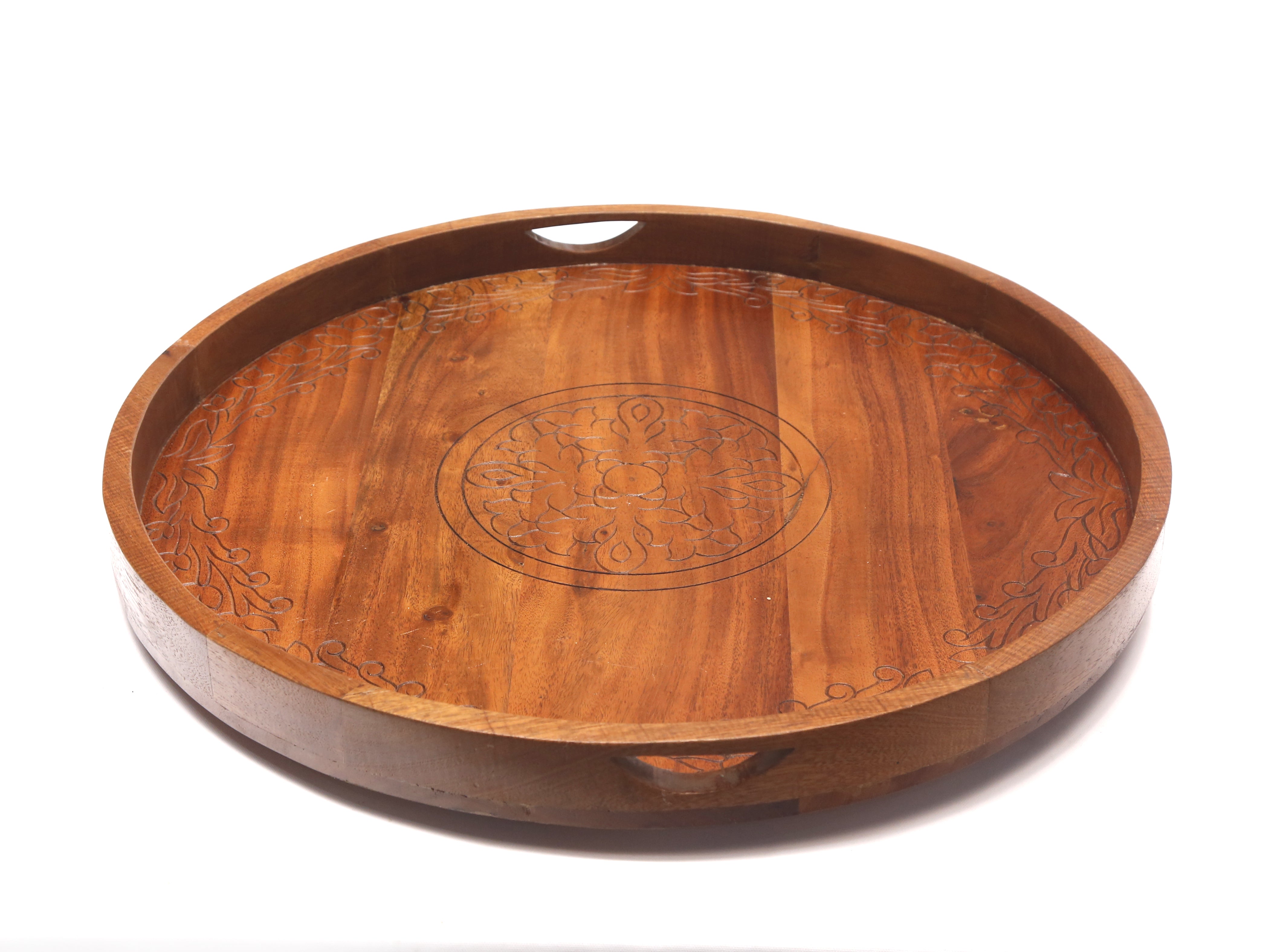 Large Round Stenciled Wooden Tray Tray