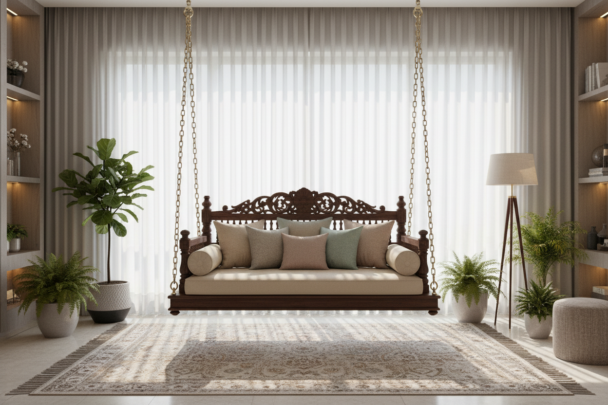 Elegant wooden jhula for home enhances living room decor with cozy cushions and lush indoor plants