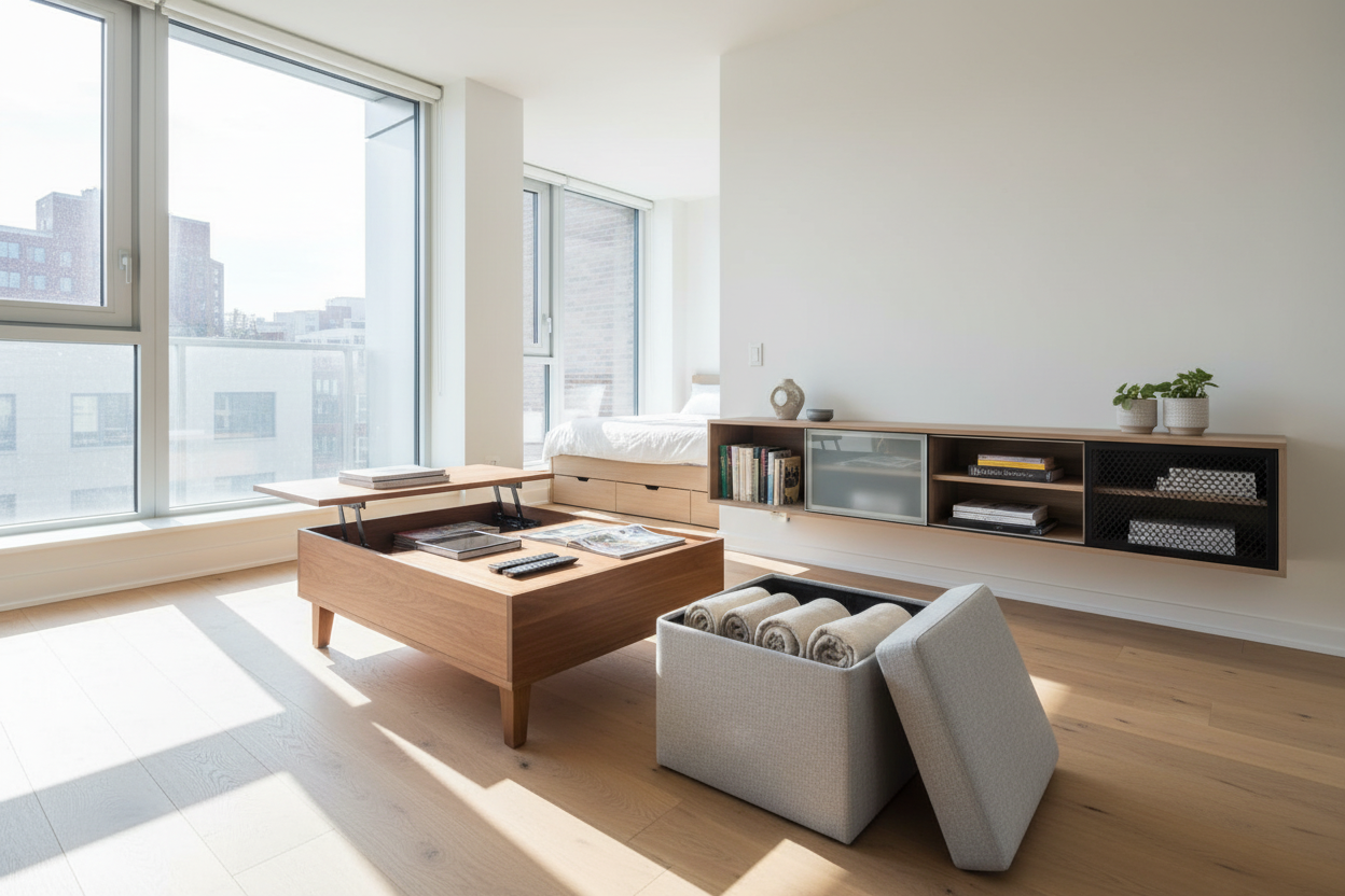 Modern living room with compact storage furniture featuring a lift-top coffee table and ottoman for organized spaces