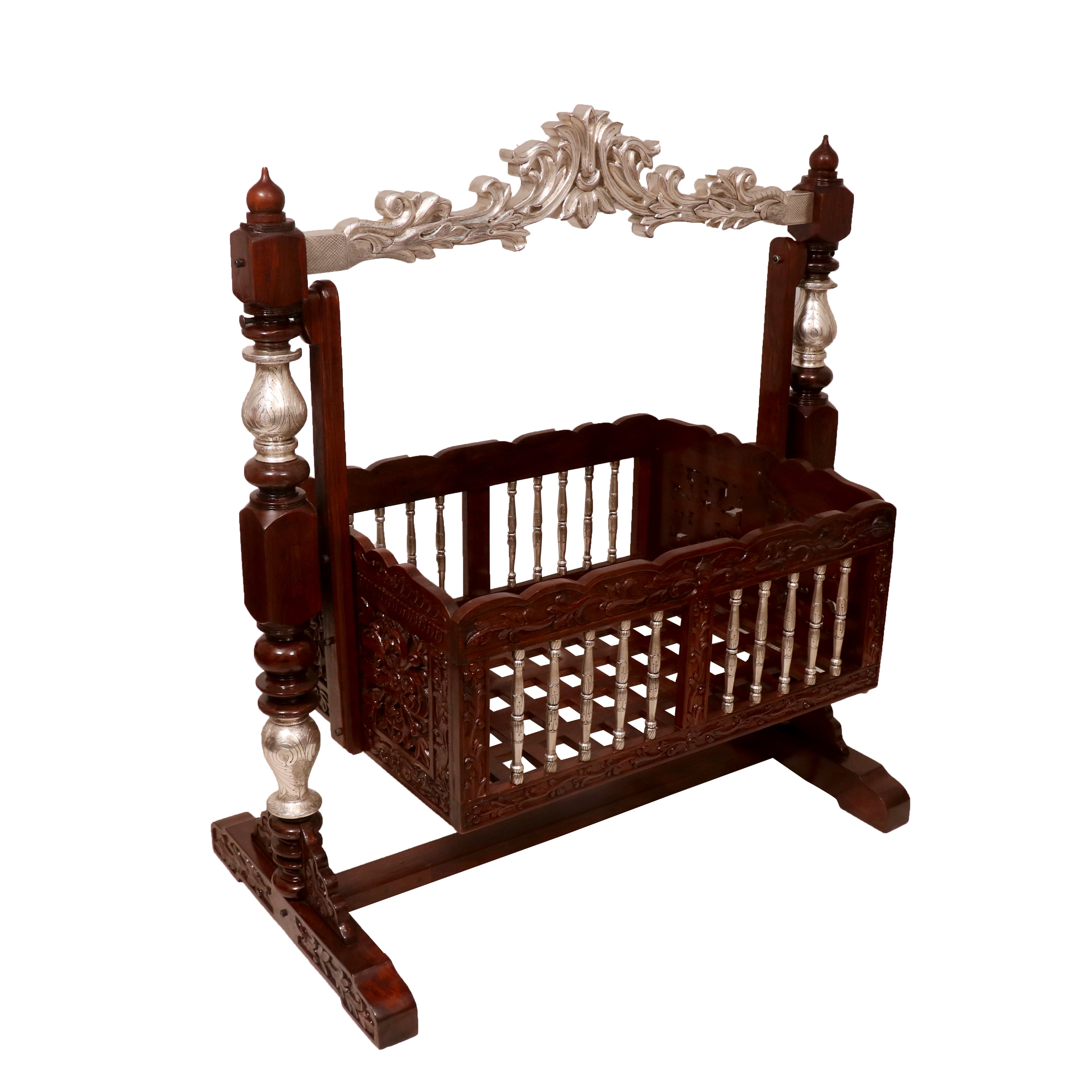 Intricately Antique Carved Teak Wooden Handmade Crib Cradle Cradle