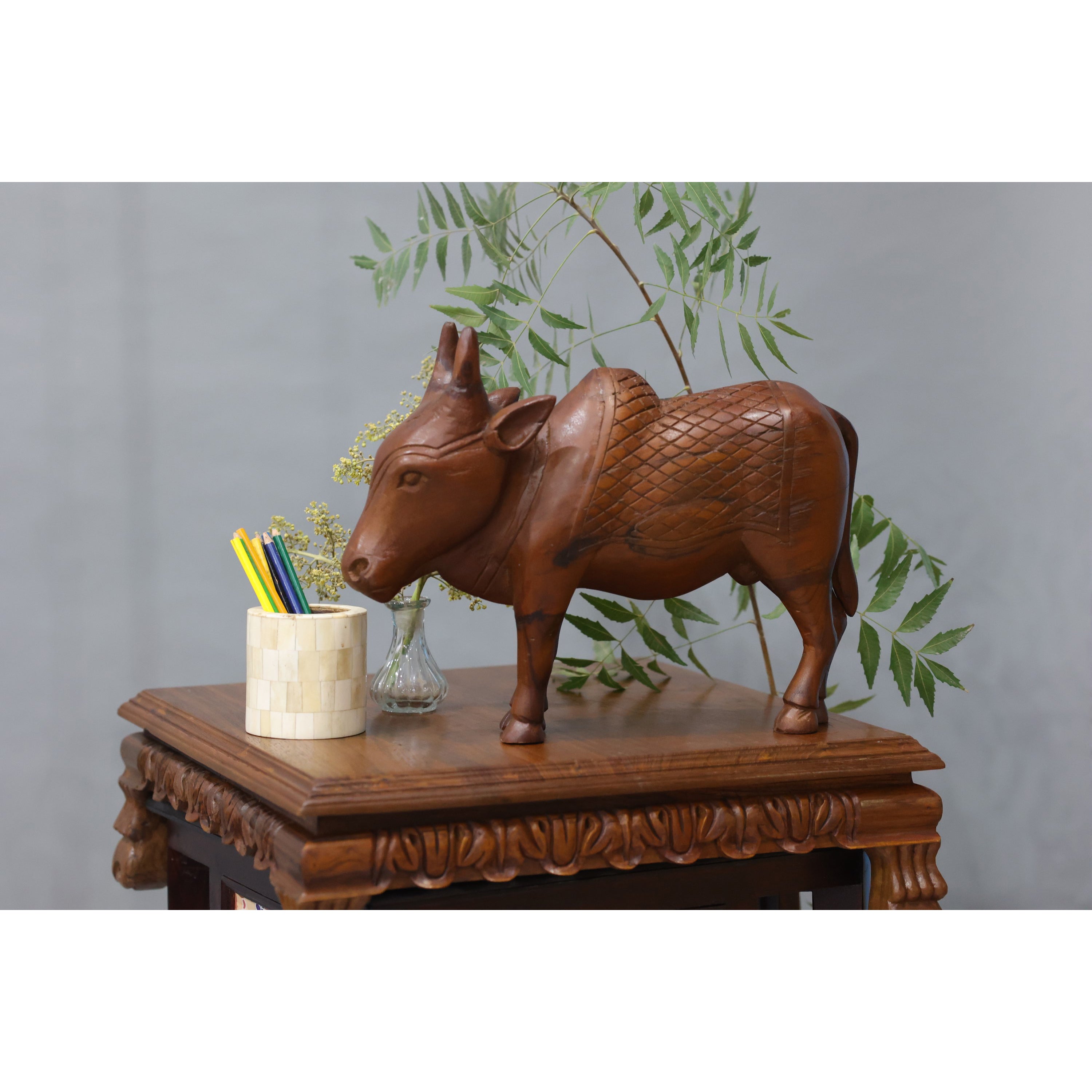 Wooden Intricate Majestic Cow Showpiece Animal Figurine