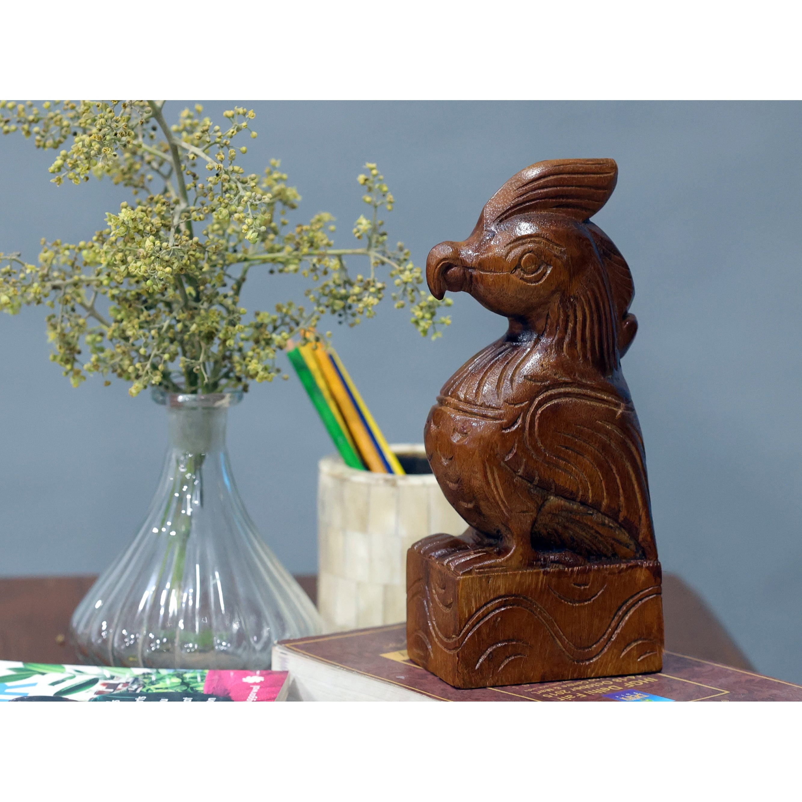 Wooden Intricate Carved Bird Self Standing Decor Animal Figurine