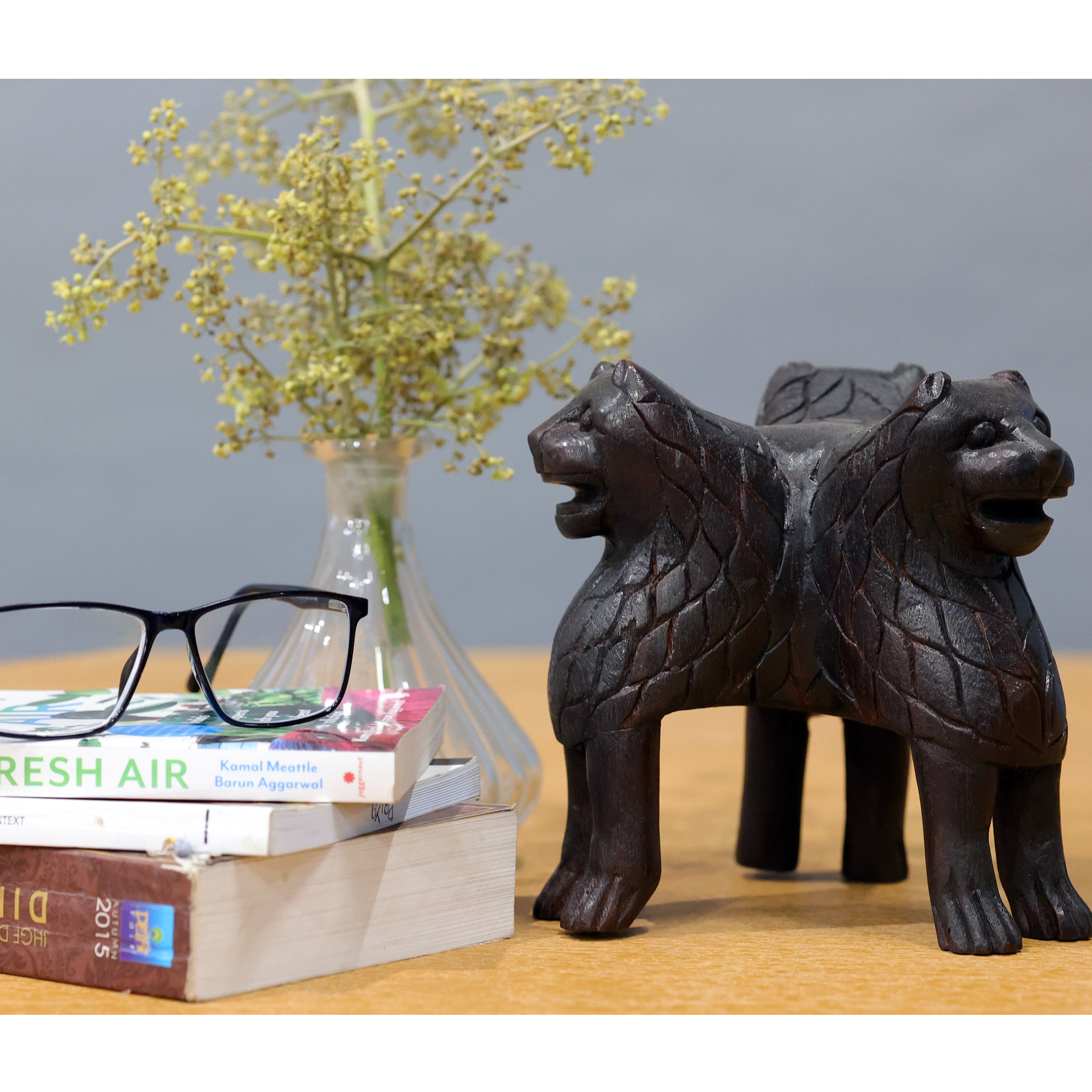 3 Faced wooden Lion Figurehead Animal Figurine