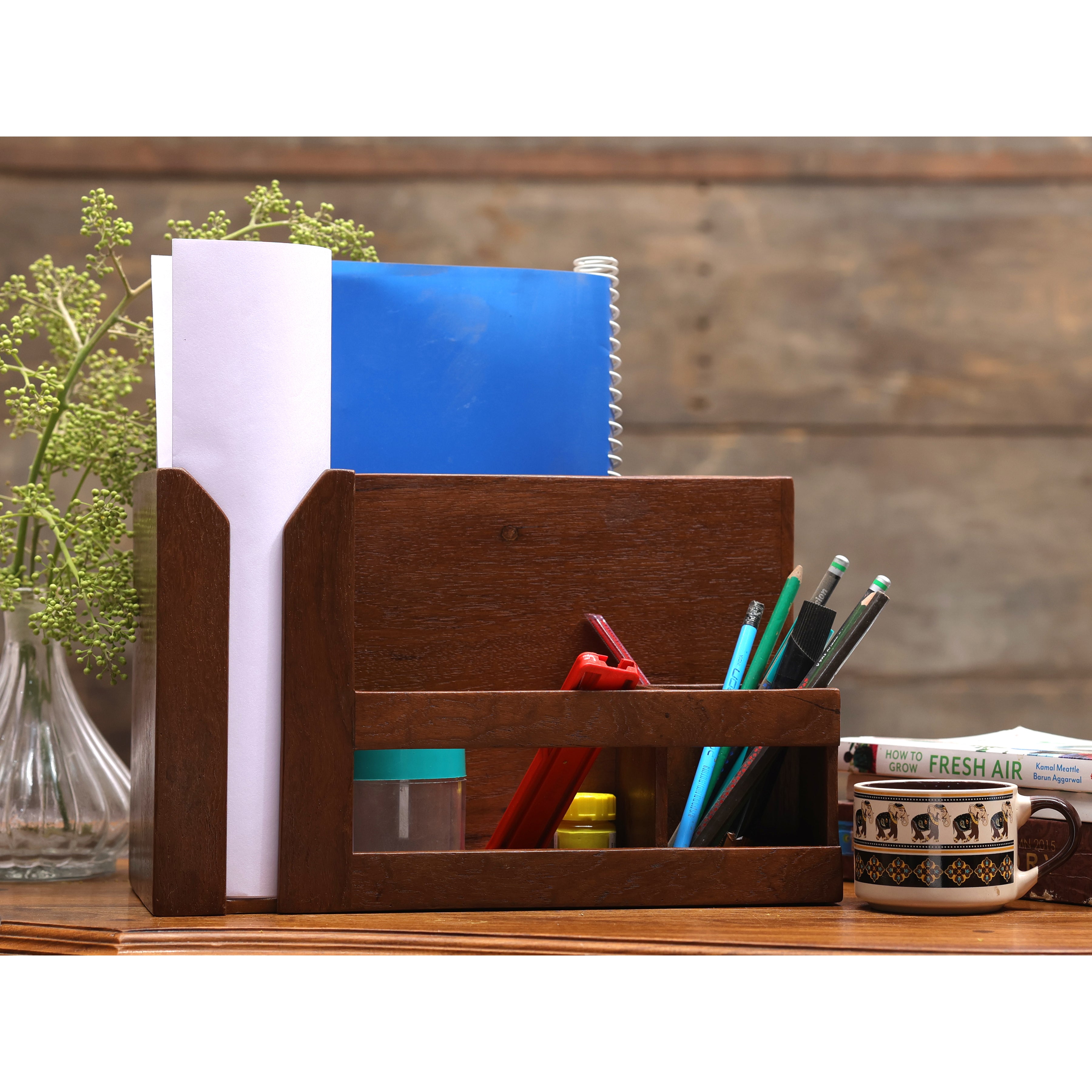 Natural Brown Contoured Handmade Wooden Desk Organizer Desk Organizer