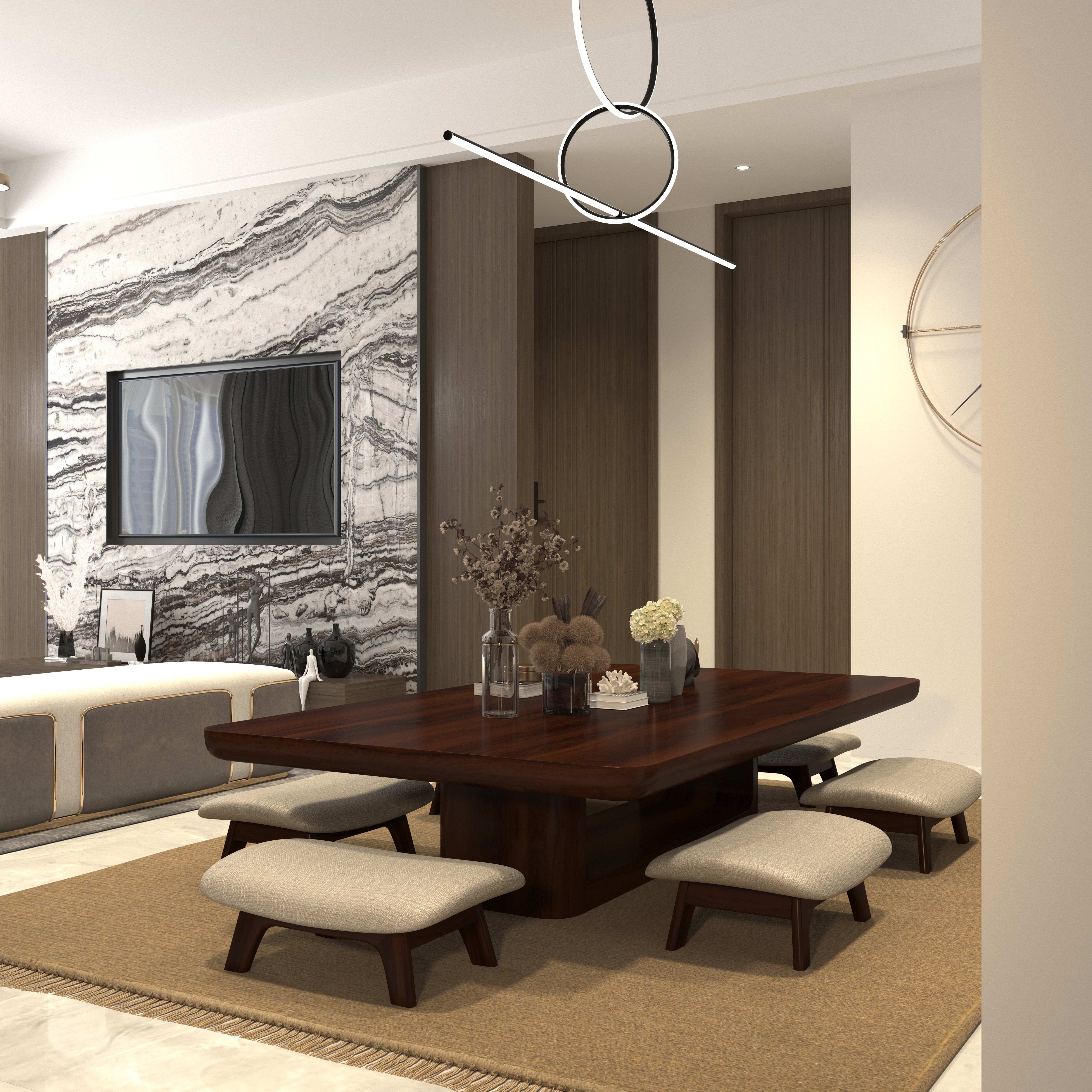 Contemporary Floor Dining Set with Wood Table and Cushioned Stools