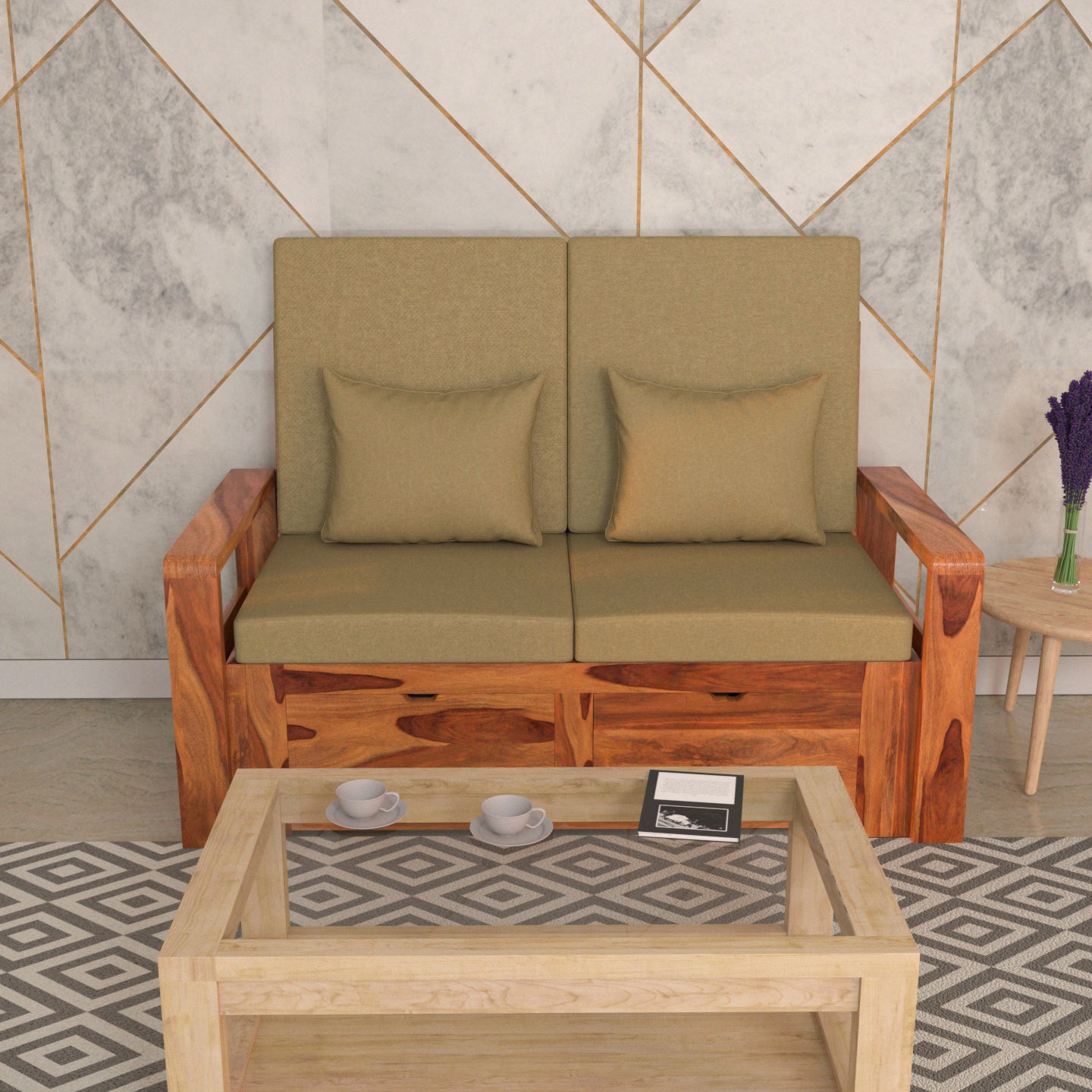 Moss Green Premium Sheesham Wooden Seater Sofa with Storage