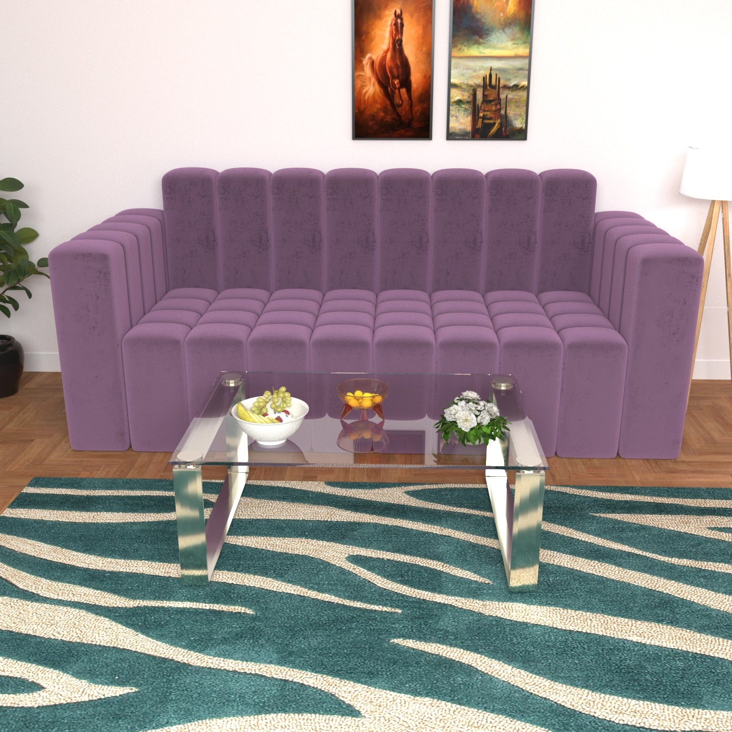 Strip Style Dark Violet Shaded Wooden 3 Seater Sofa Sofa
