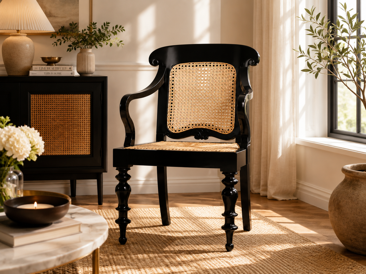 Elegant Black Cane Accent Chair with Ornate Carved Frame chair