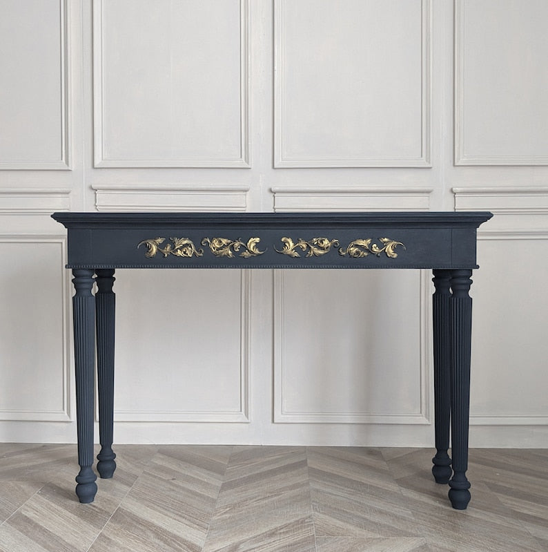 Classic Wooden Console Table with Golden Floral Inlay - Antique Style Console Table