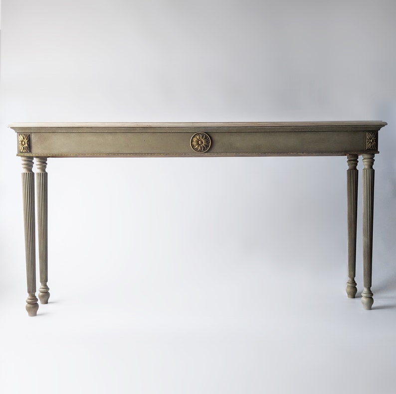 Neoclassical Console Table with Central Medallion and Fluted Columns Console Table