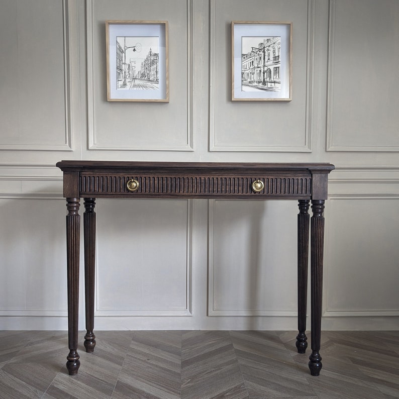 Classic Dark Wood Console Table with Fluted Frieze and Brass Hardware Console Table
