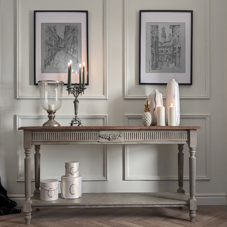 Two-Tier Console Table with Fluted Frieze, Central Medallion and Lower Shelf Console Table