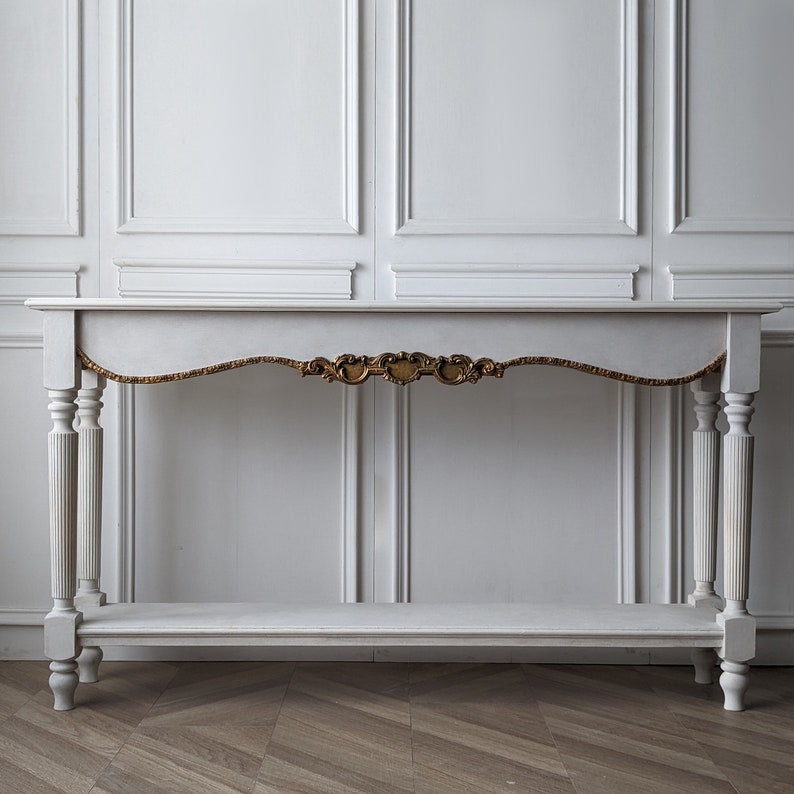 Elegant French Provincial Console Table - Antique White with Gold Accents Console Table