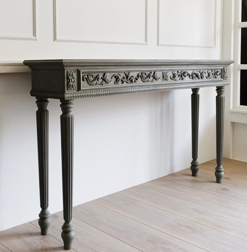 Ornate Gray Console Table - Hand-Carved French Provincial Design Console Table