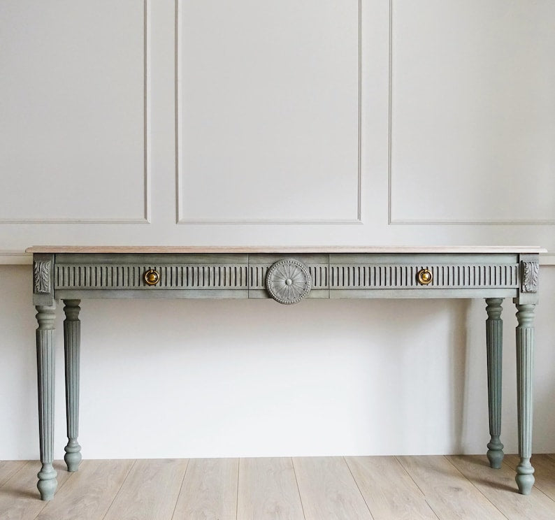 Sage Green Console Table with Brass Accents - Fluted Neoclassical Design Console Table
