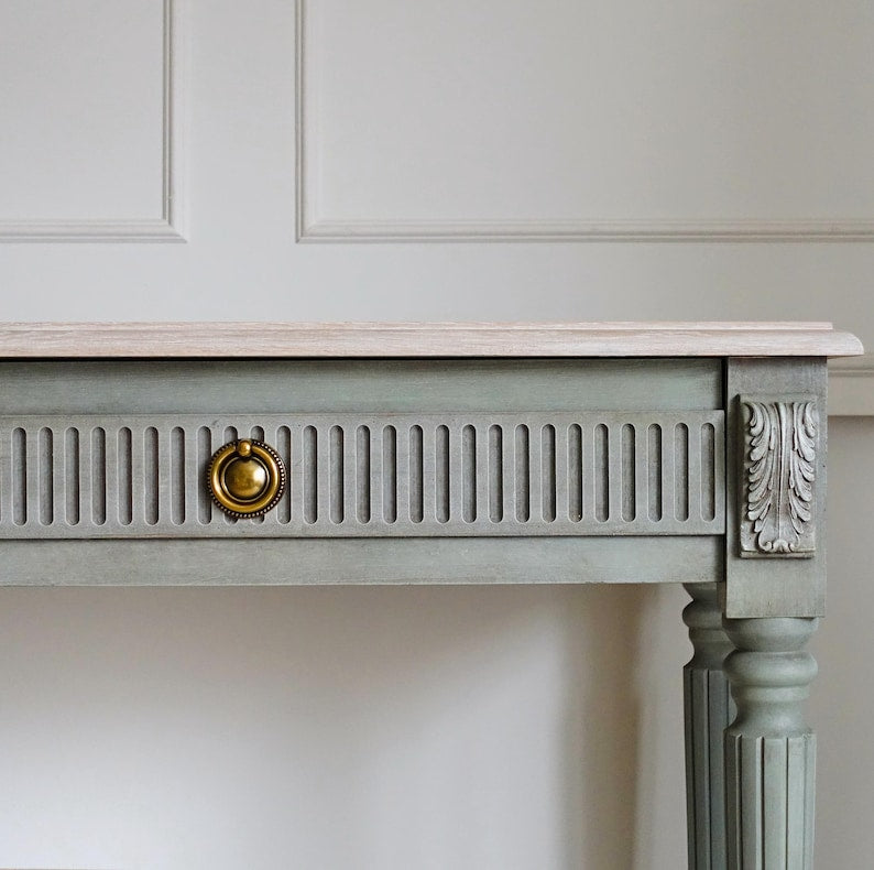 Sage Green Console Table with Brass Accents - Fluted Neoclassical Design Console Table