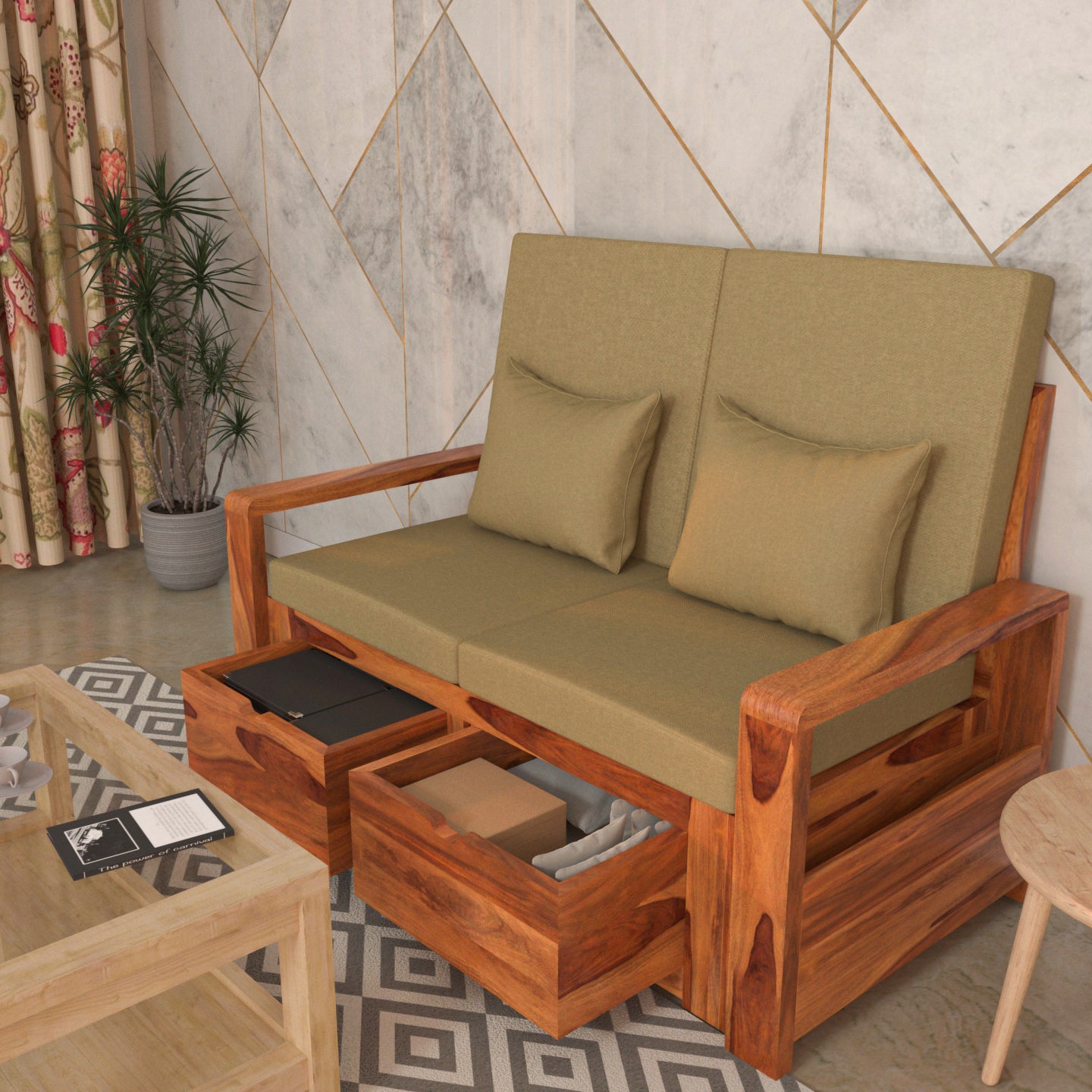 Moss Green Premium Sheesham Wooden 2 Seater Sofa with Storage Sofa