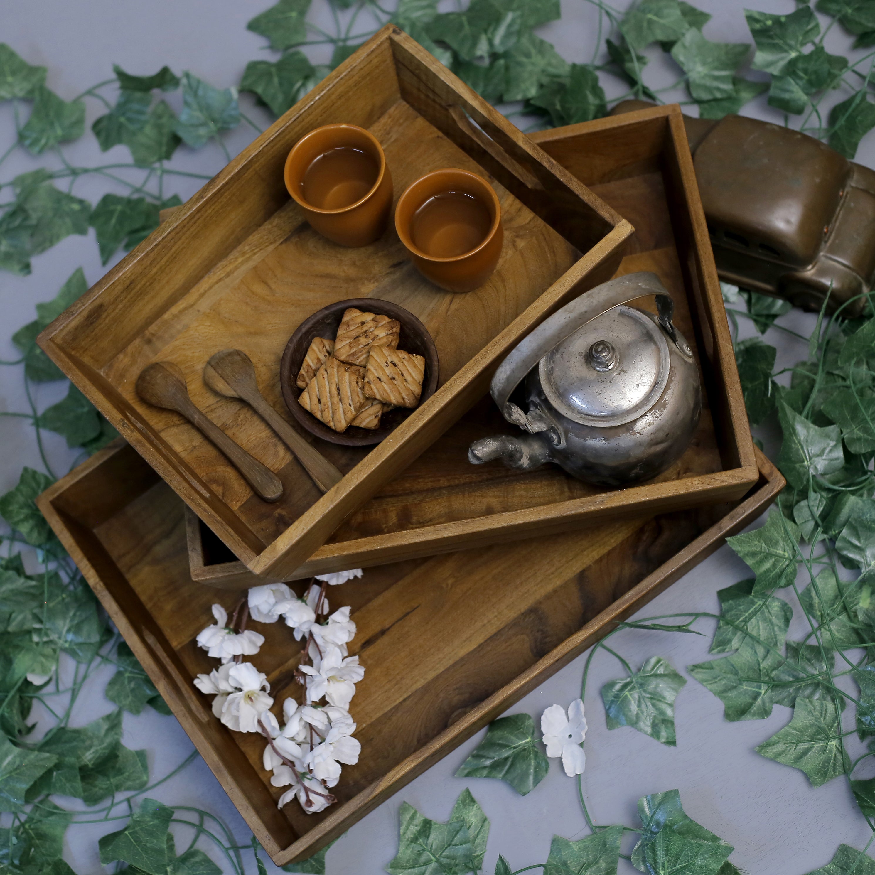 Slant Handle Wooden Tray Set Tray