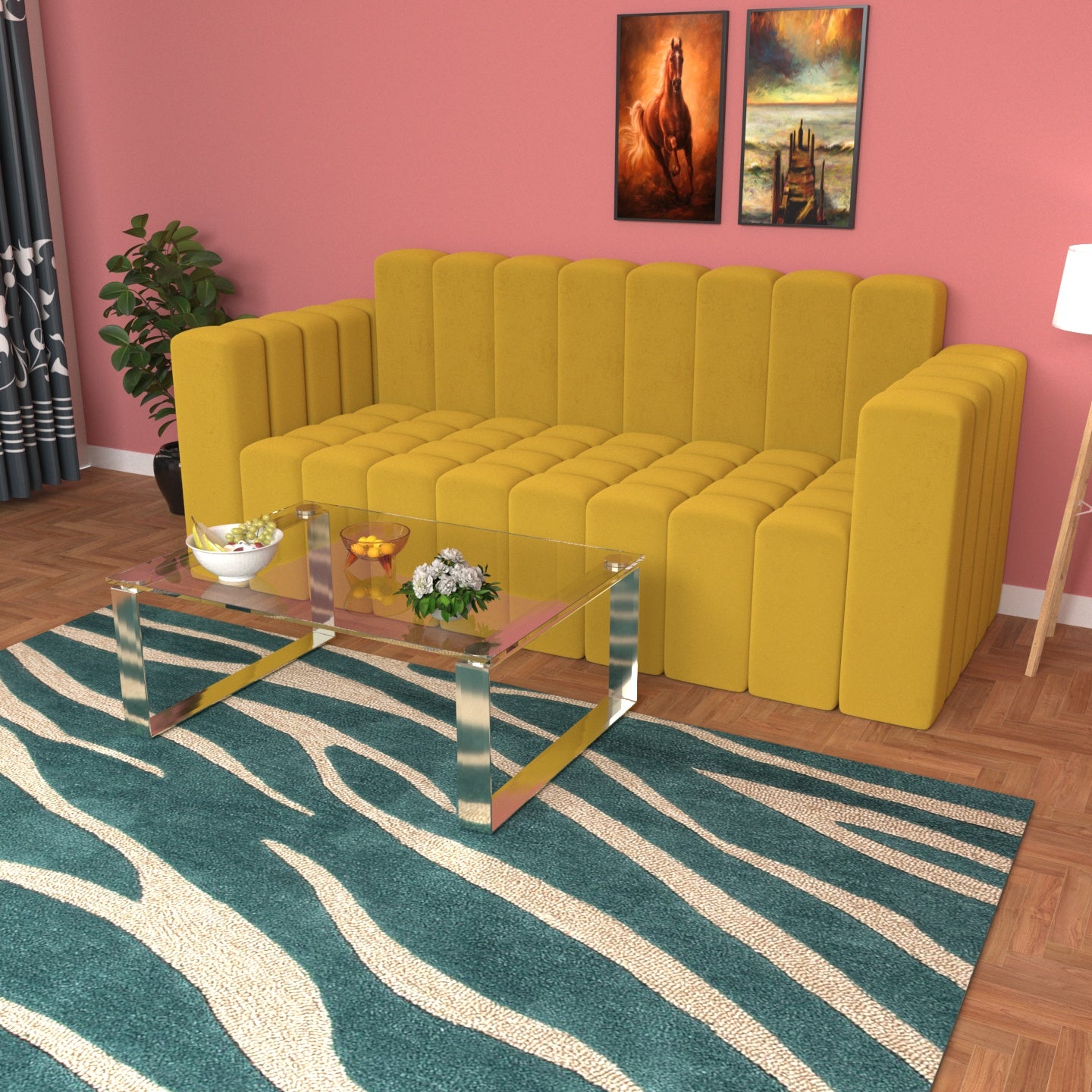 Strip Style Light Macaroon Shaded Wooden 3 Seater Sofa Sofa