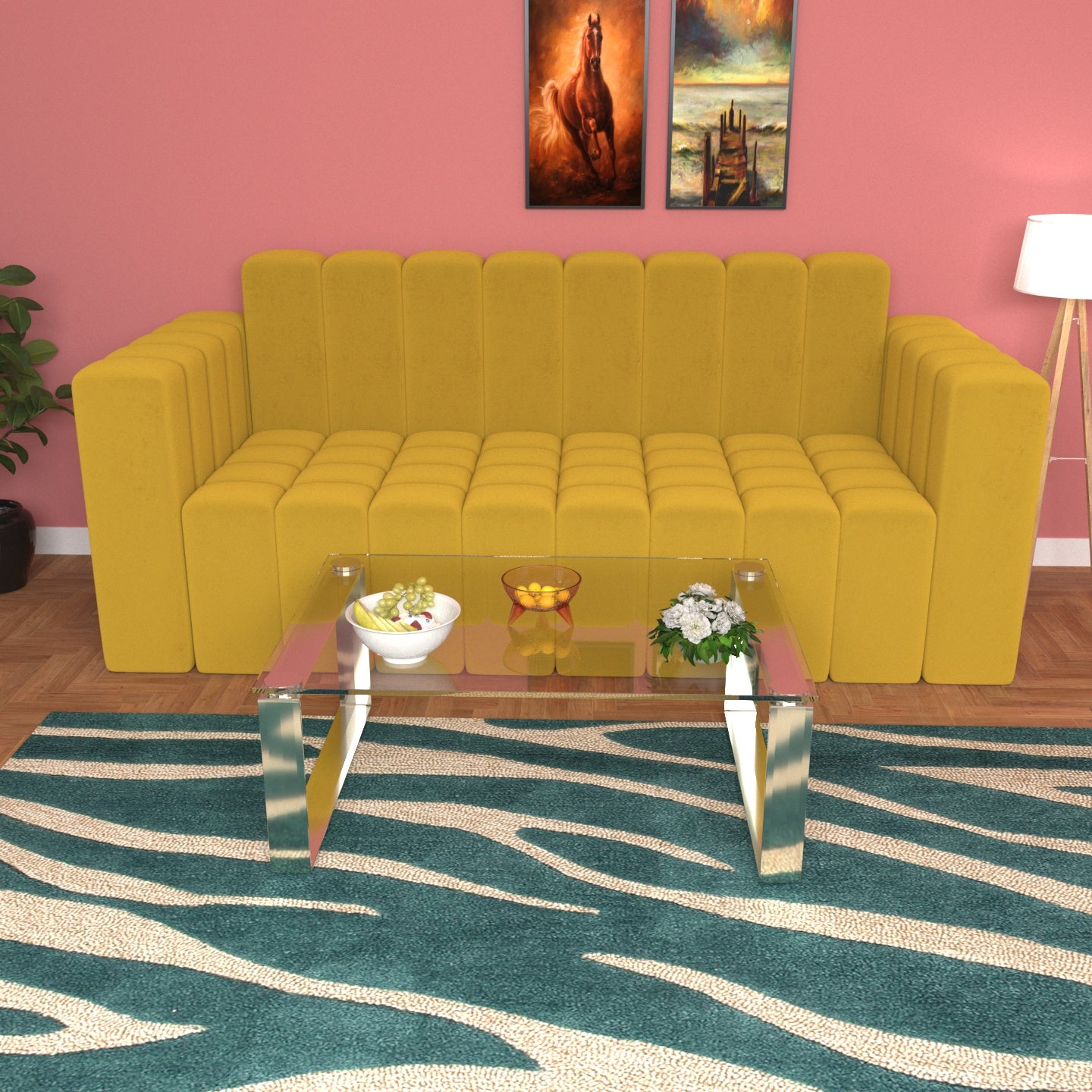 Strip Style Light Macaroon Shaded Wooden 3 Seater Sofa Sofa