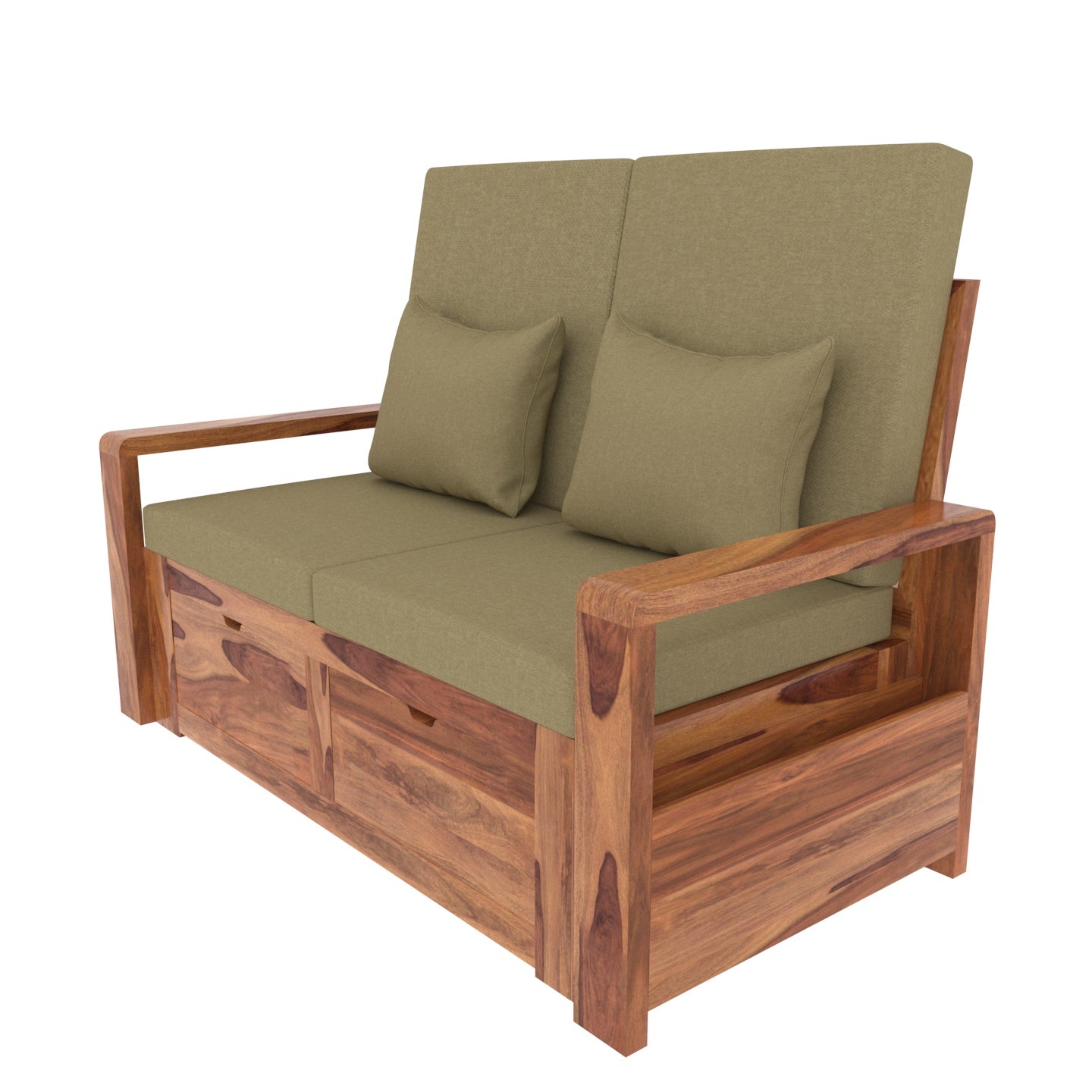 Moss Green Premium Sheesham Wooden 2 Seater Sofa with Storage Sofa