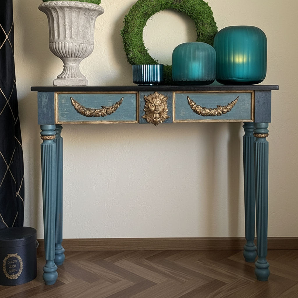 Majestic Teal Console Table - Lion Head Design with Gold Accents Console Table