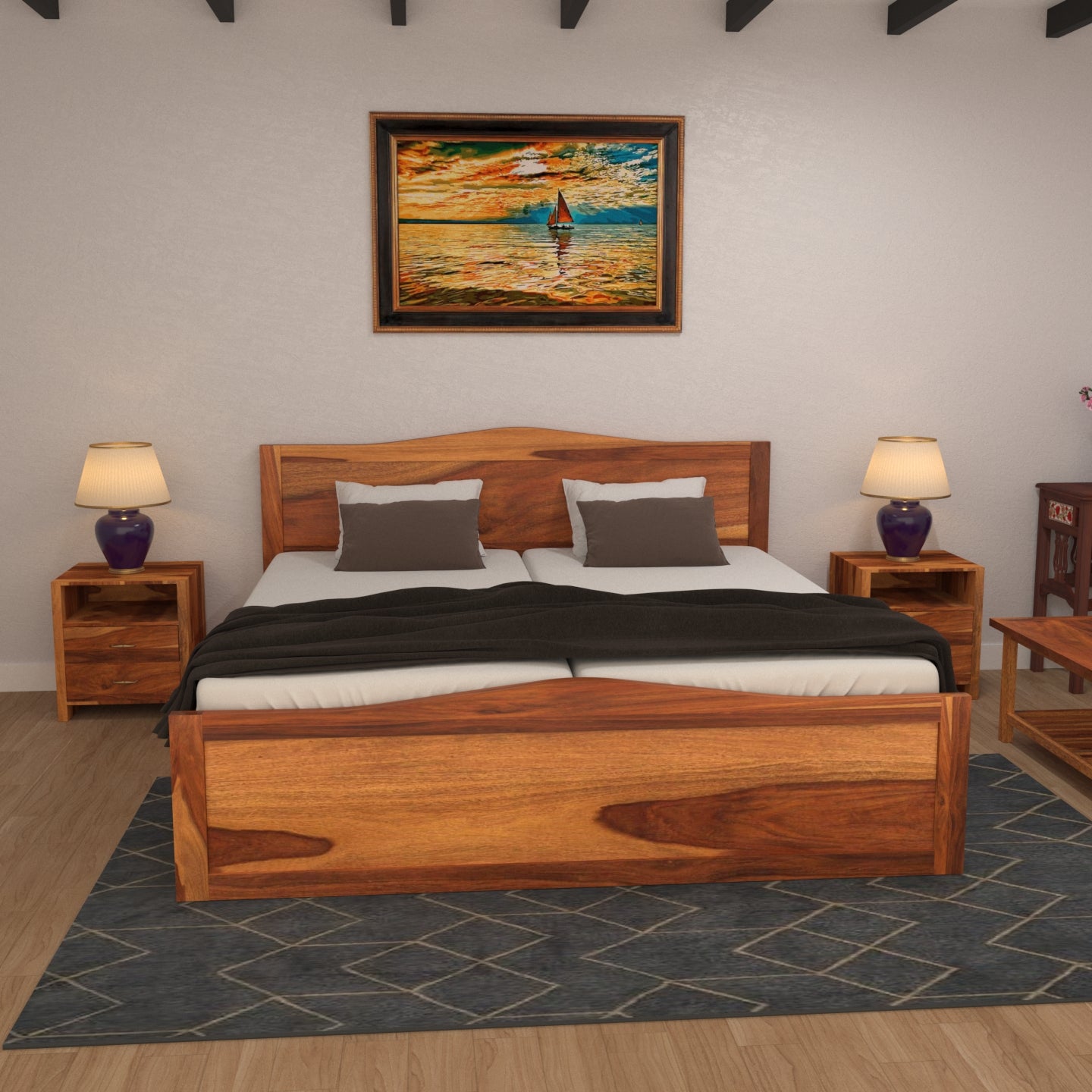 Elegant Handmade Sheesham Wooden Bed with Double Storage Bed