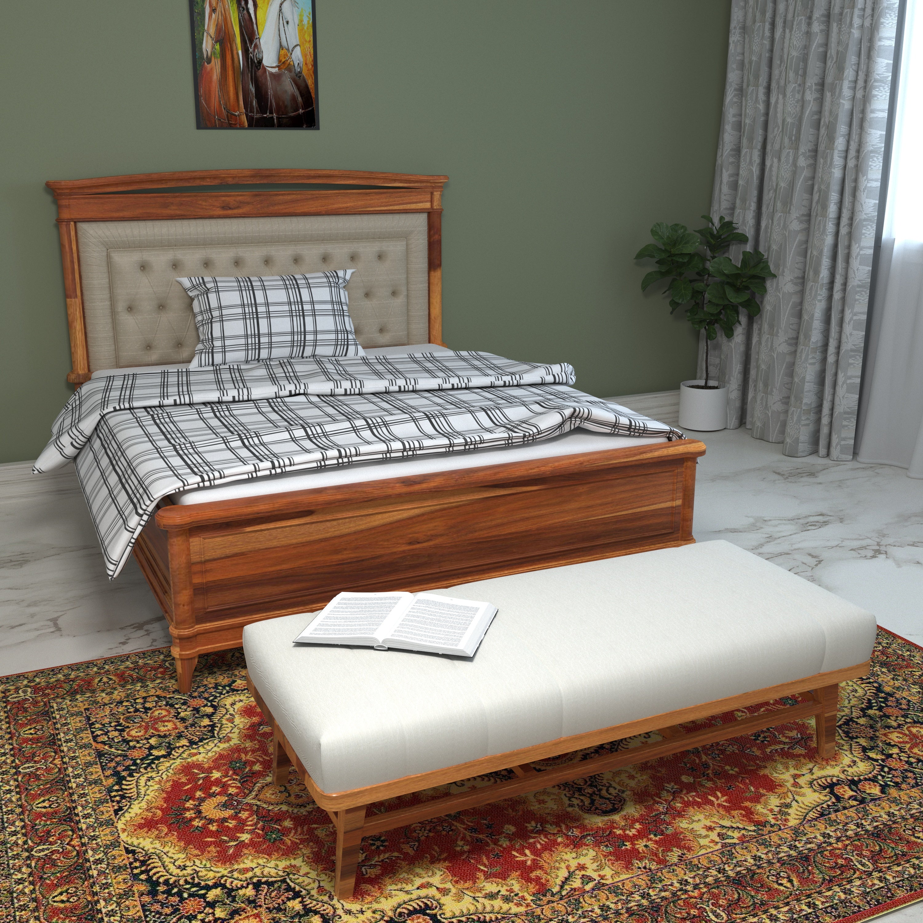 Classic Rustic Natural Indian Handmade Wooden Bed with Soft Long Seating Couch Bedroom Furniture Sets
