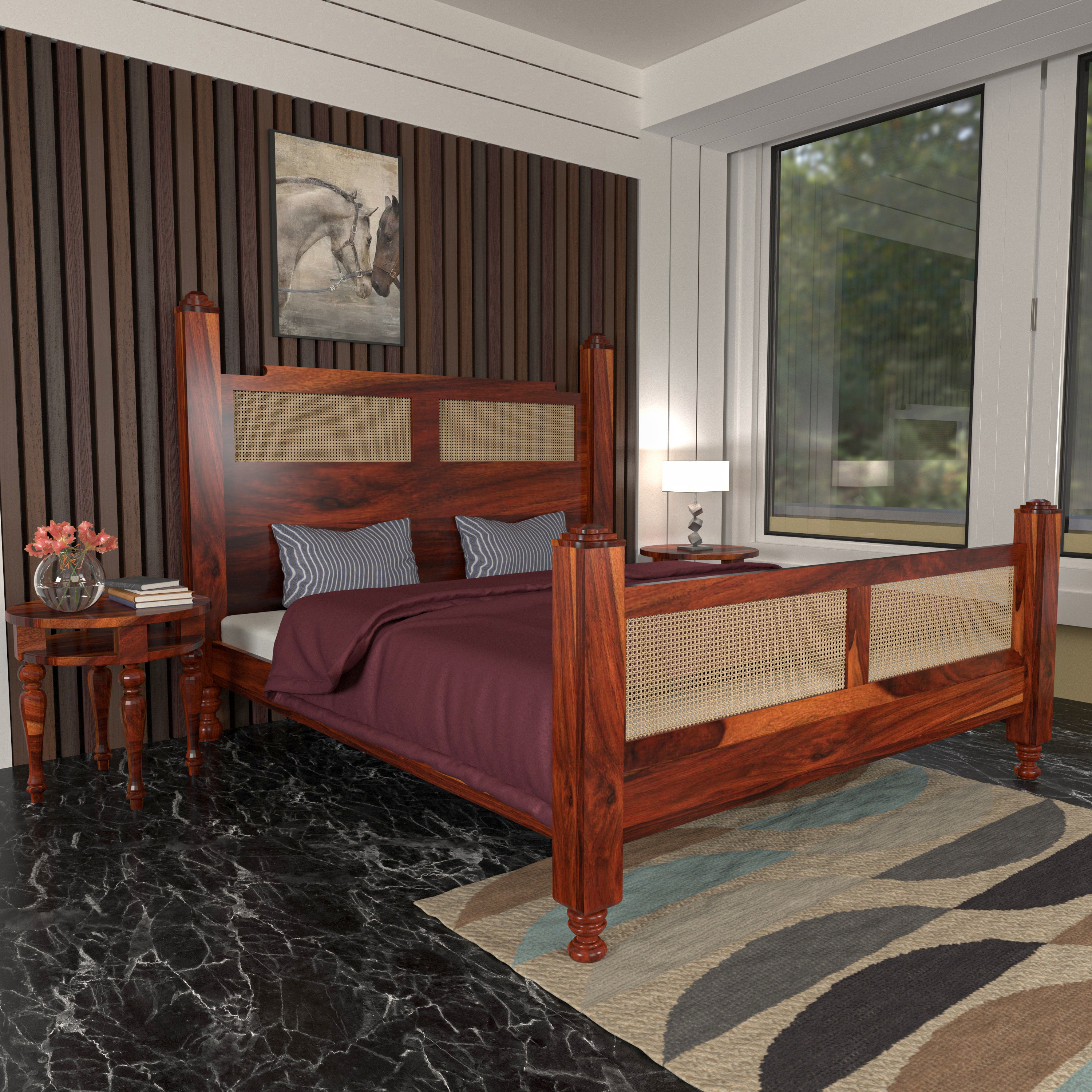 Classic Cane Simple Heritage Style Handmade Wooden Bed with Simple Bedside Bedroom Furniture Sets