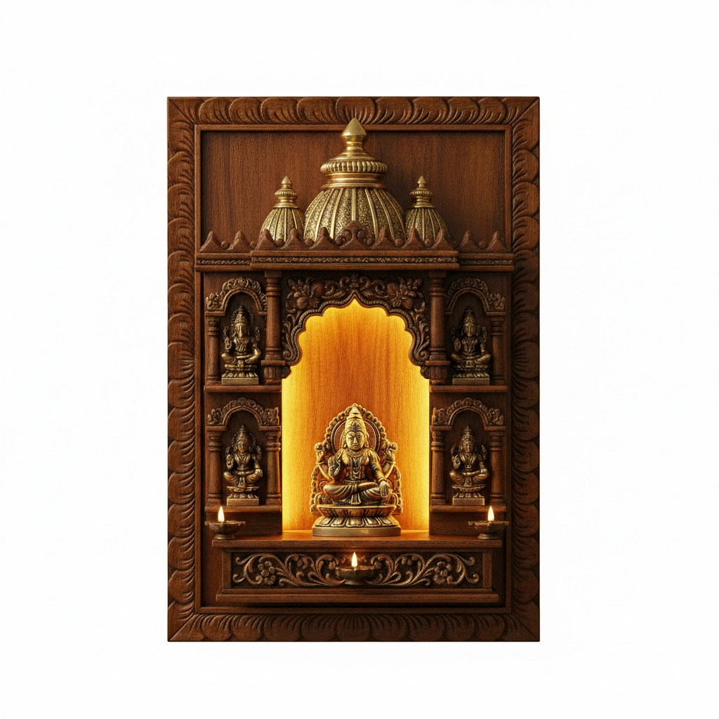 Wall-Mounted Temple with LED Lighting - Handcrafted Wooden Mandir (Murti is not included) Temple