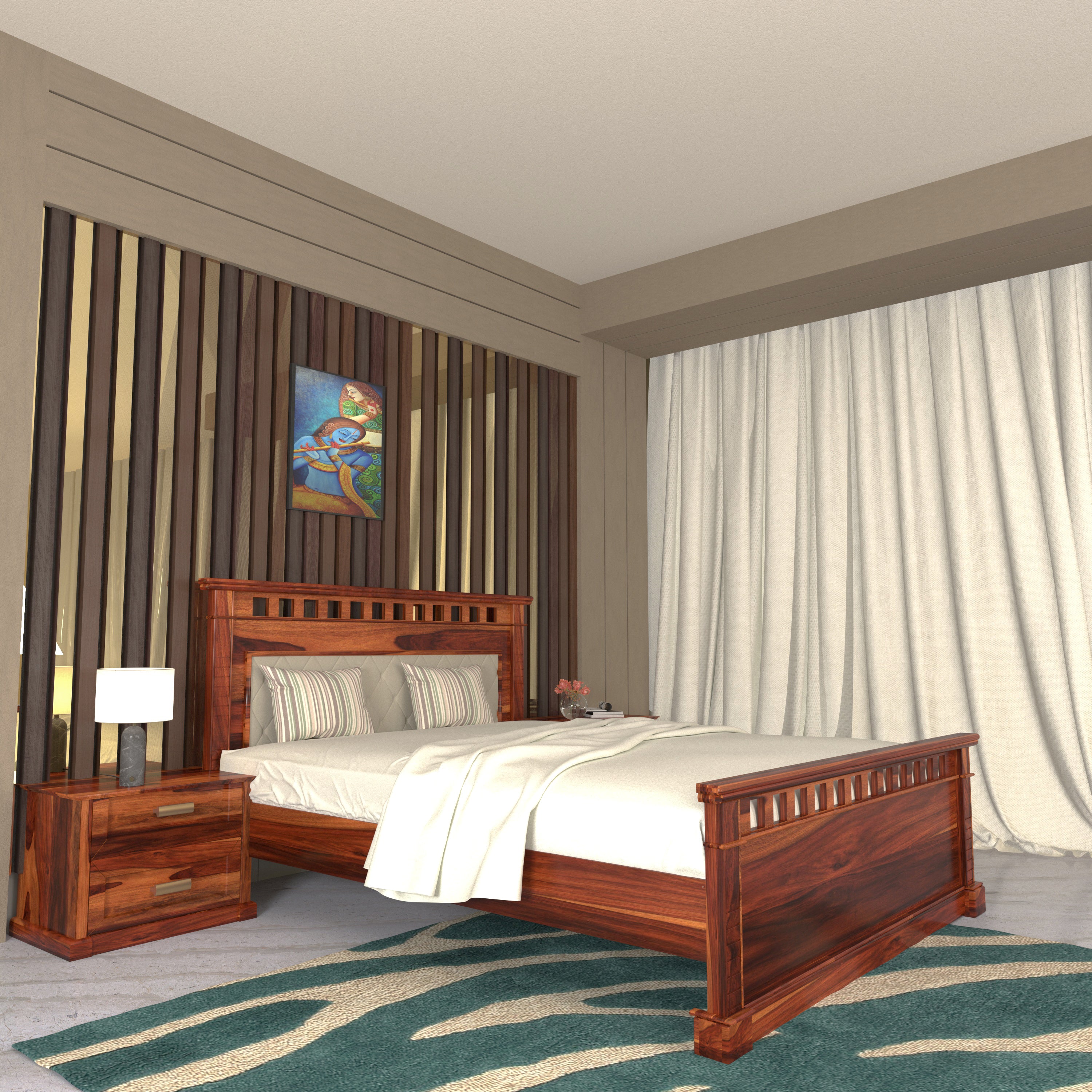 Vintage Denver Style Wooden Handmade Bed with Storage Bedside Bedroom Furniture Sets