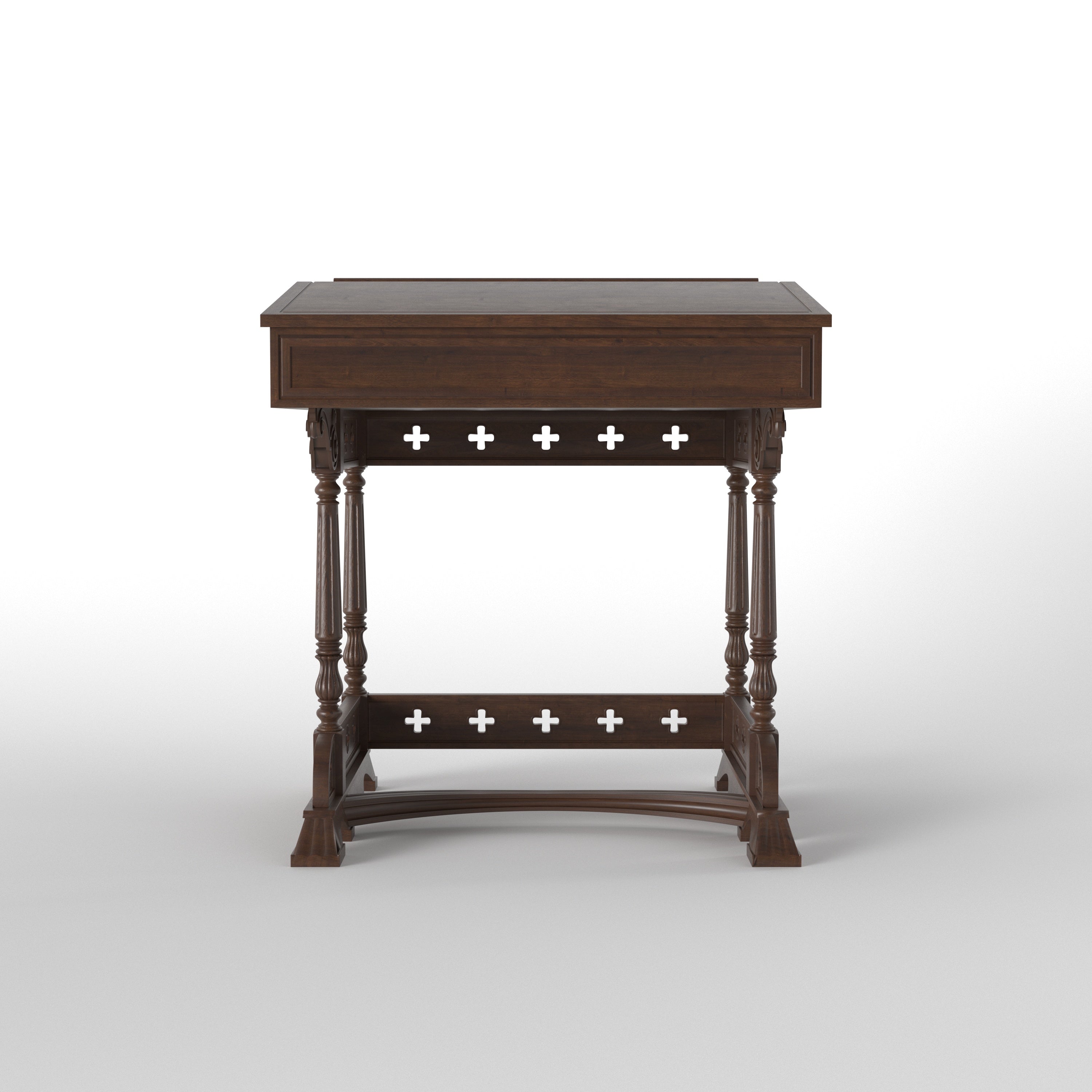 Handcrafted Gothic Altar Table with Cross Cutout Aprons, Turned Legs & Curved Stretcher Study Table