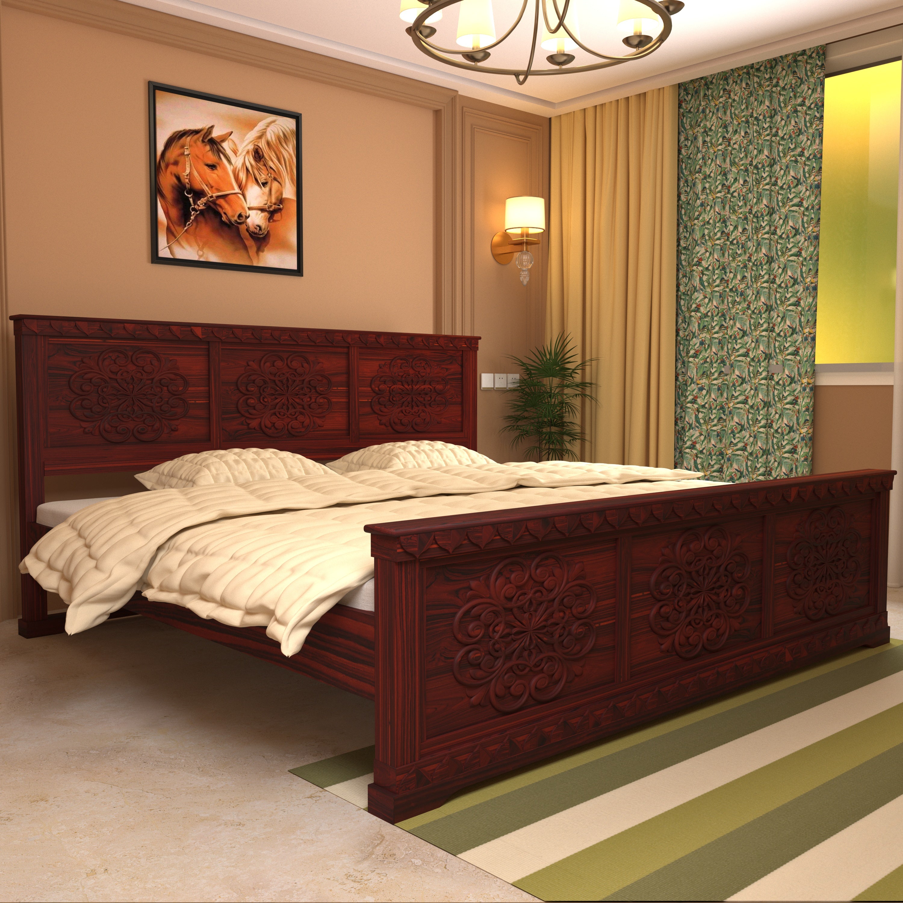Solid wood Flower Carved Bed (Teak wood) Bed
