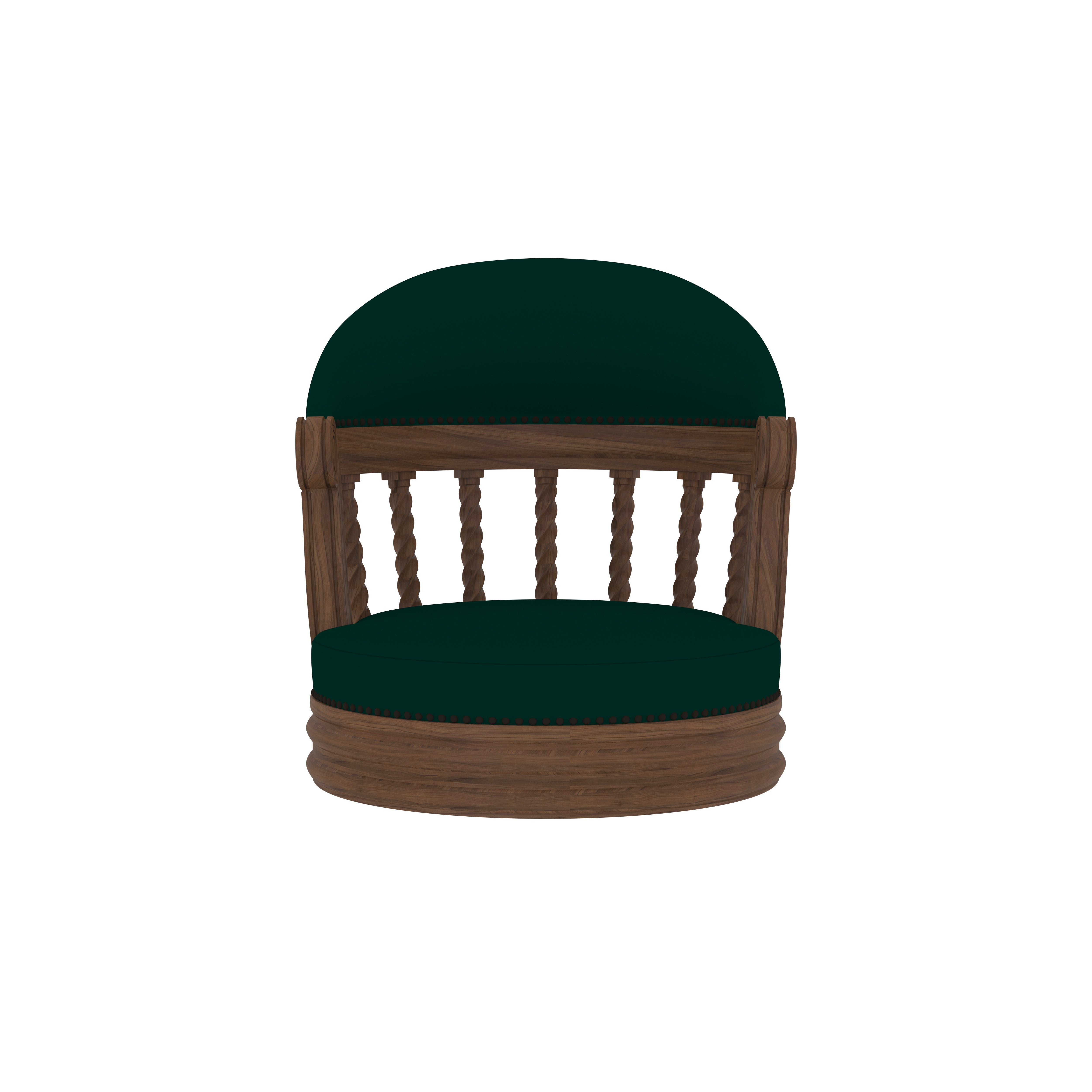 Handcrafted Round Wooden Dining Set - Spindle Back Chairs with Green Upholstery (6 Seater) Dining Set