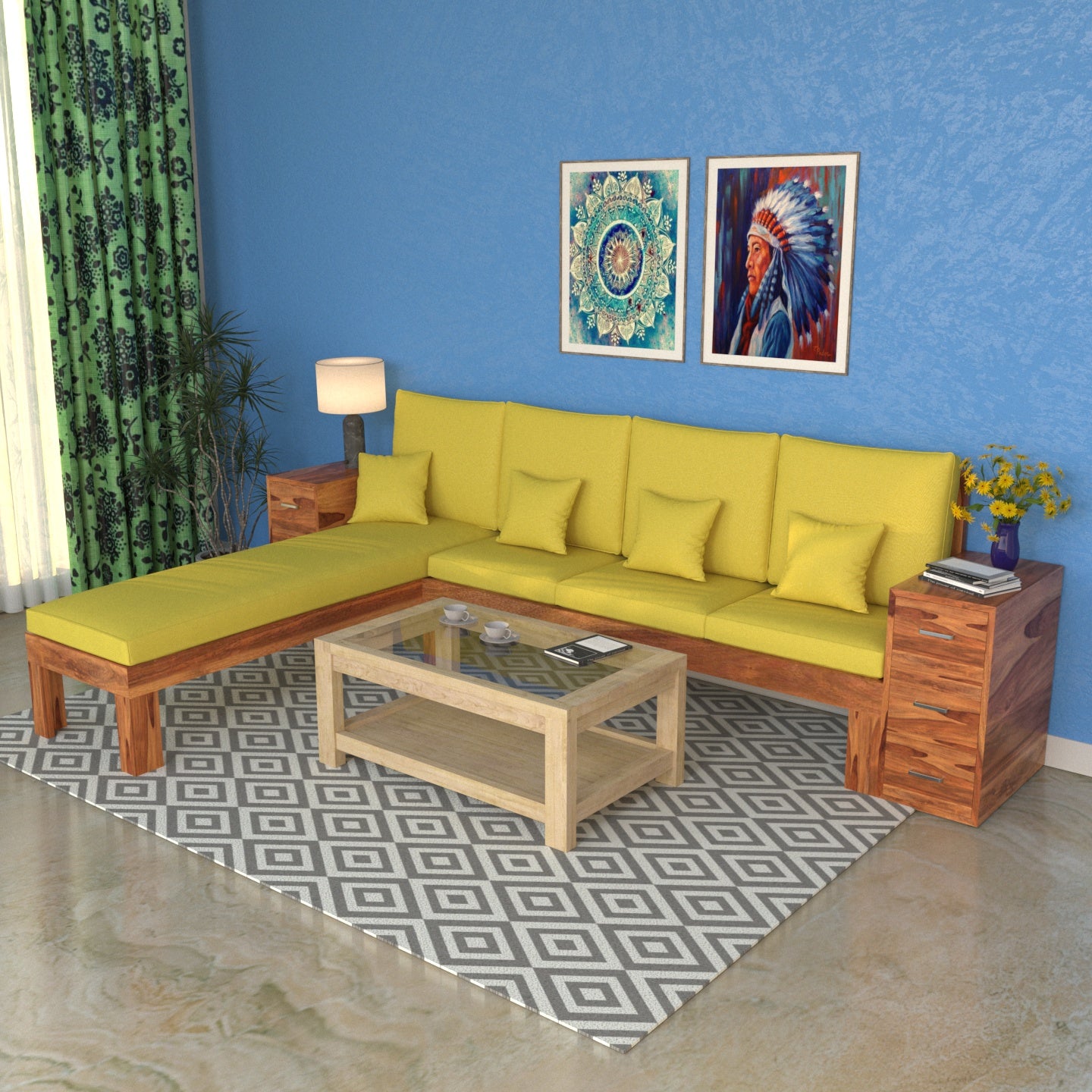 Bumblebere Yellow Seater Long Wooden Premium Guest Sofa