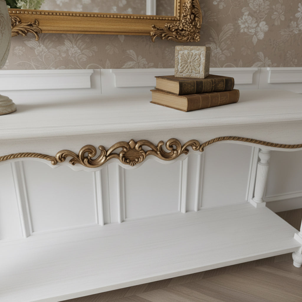 Elegant French Provincial Console Table - Antique White with Gold Accents Console Table