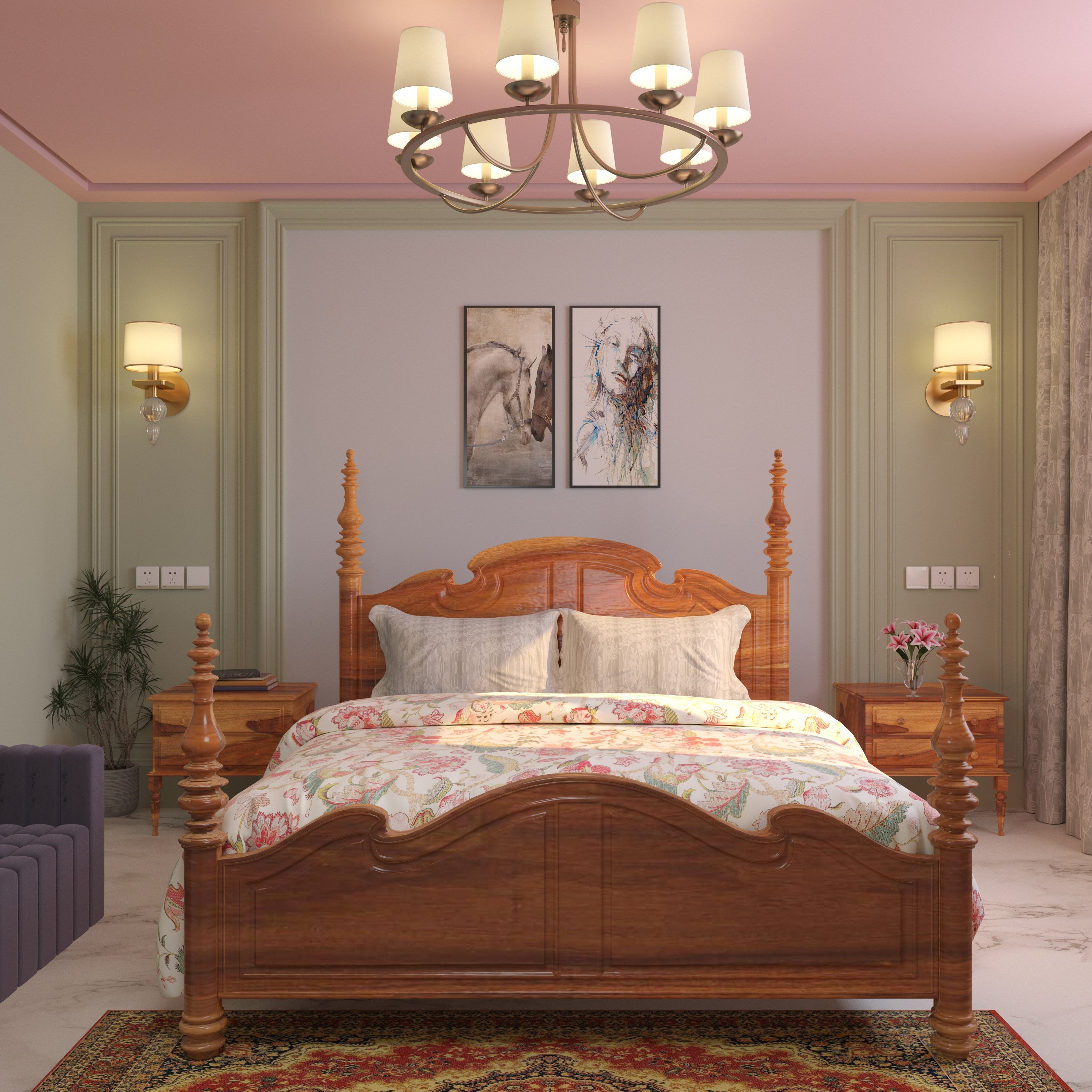 Traditional Handmade Wooden Premium Size Bed with Bedside Bedroom Furniture Sets