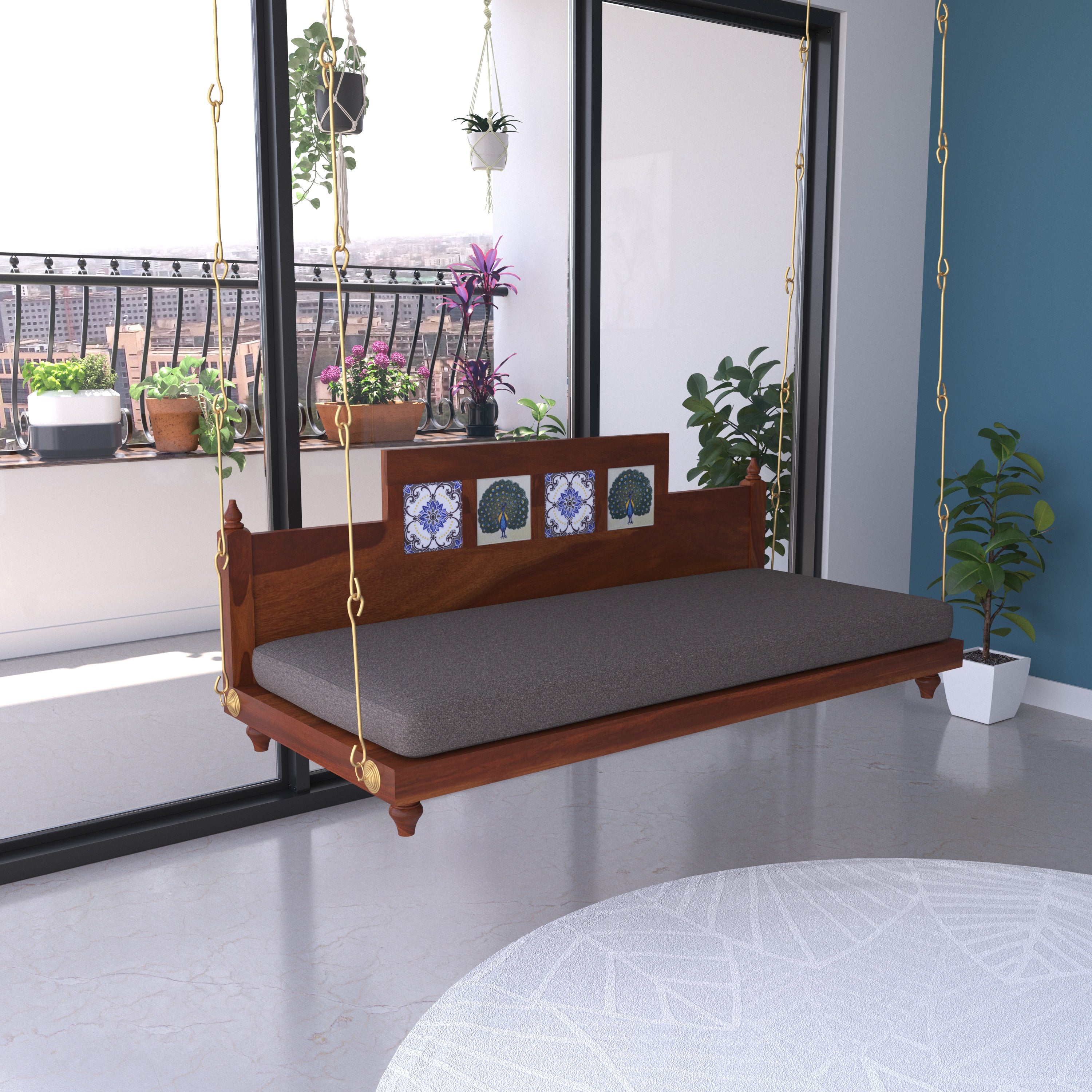 Artistic Wooden Swing with Hand-Painted Peacock Tiles – Balcony Jhula with Cushioned Seating Swing