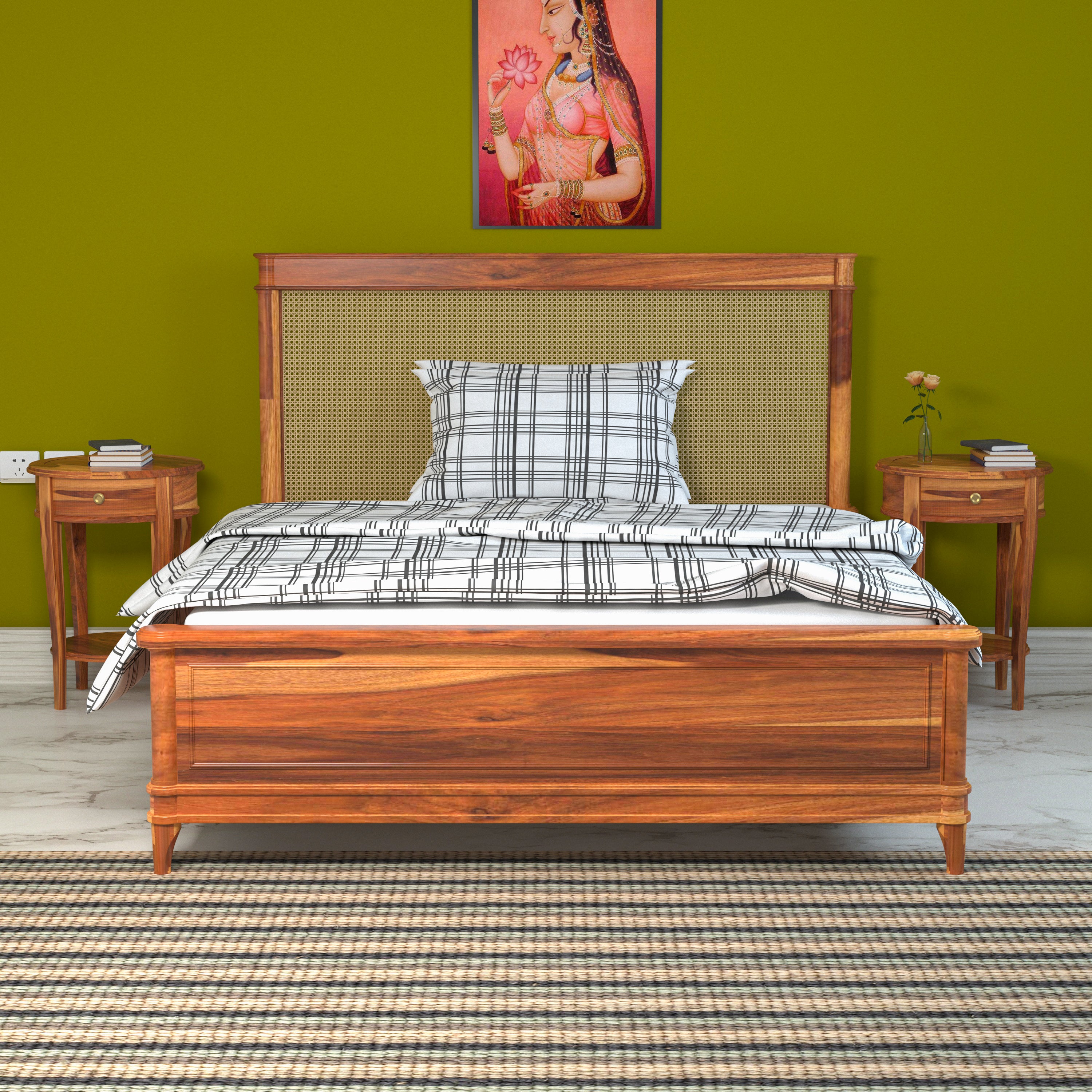 Rustic Heritage Style Handmade Wooden Bed with Attractive Wooden Bedside Bedroom Furniture Sets